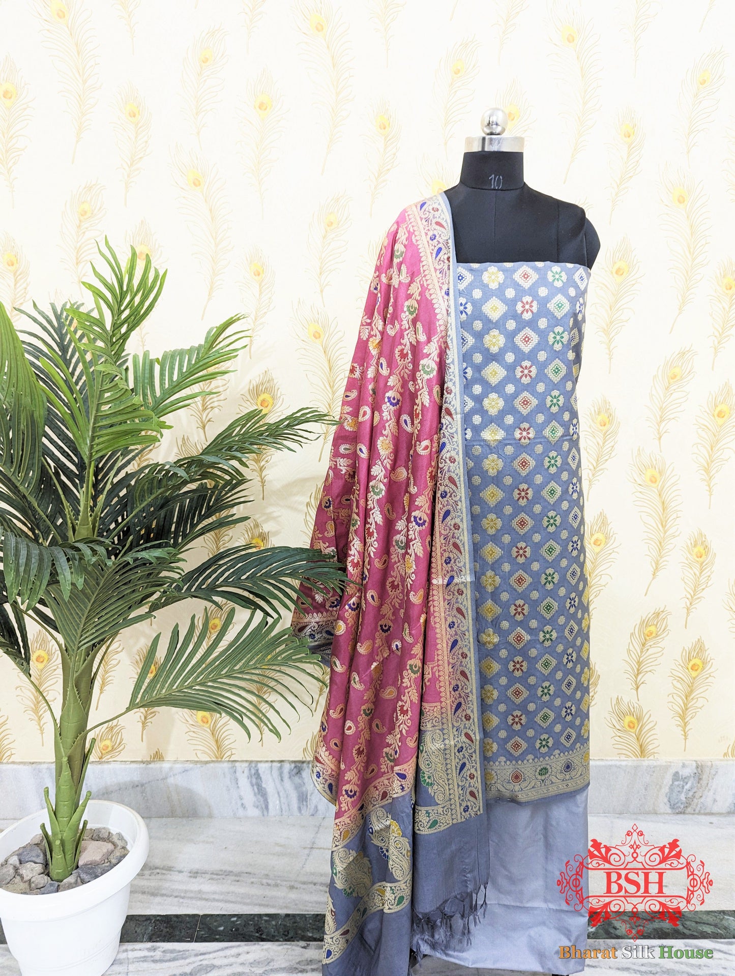 Light Slate Banarasi Silk Unstitched Suit Set - Bharat Silk House