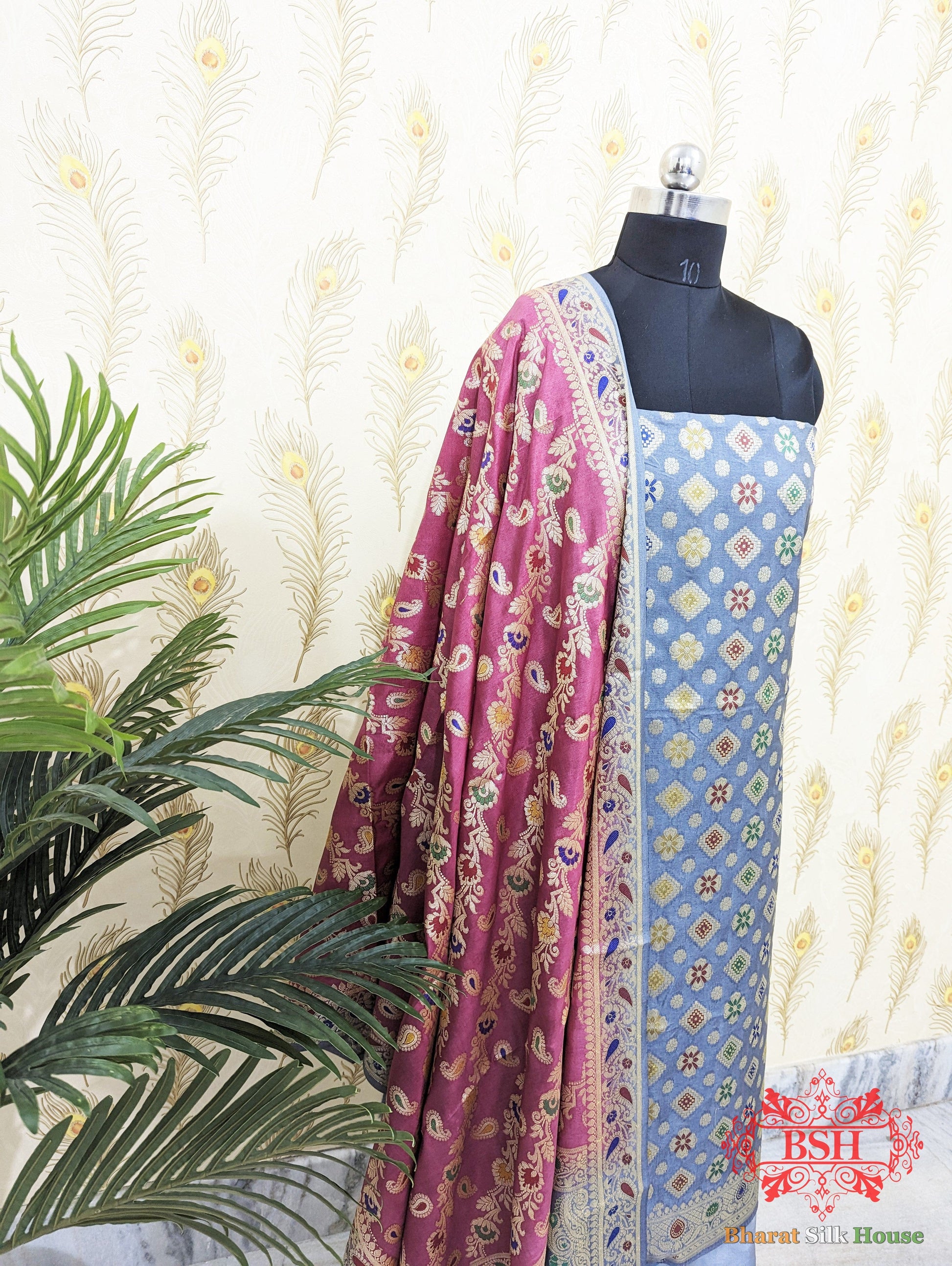 Light Slate Banarasi Silk Unstitched Suit Set - Bharat Silk House