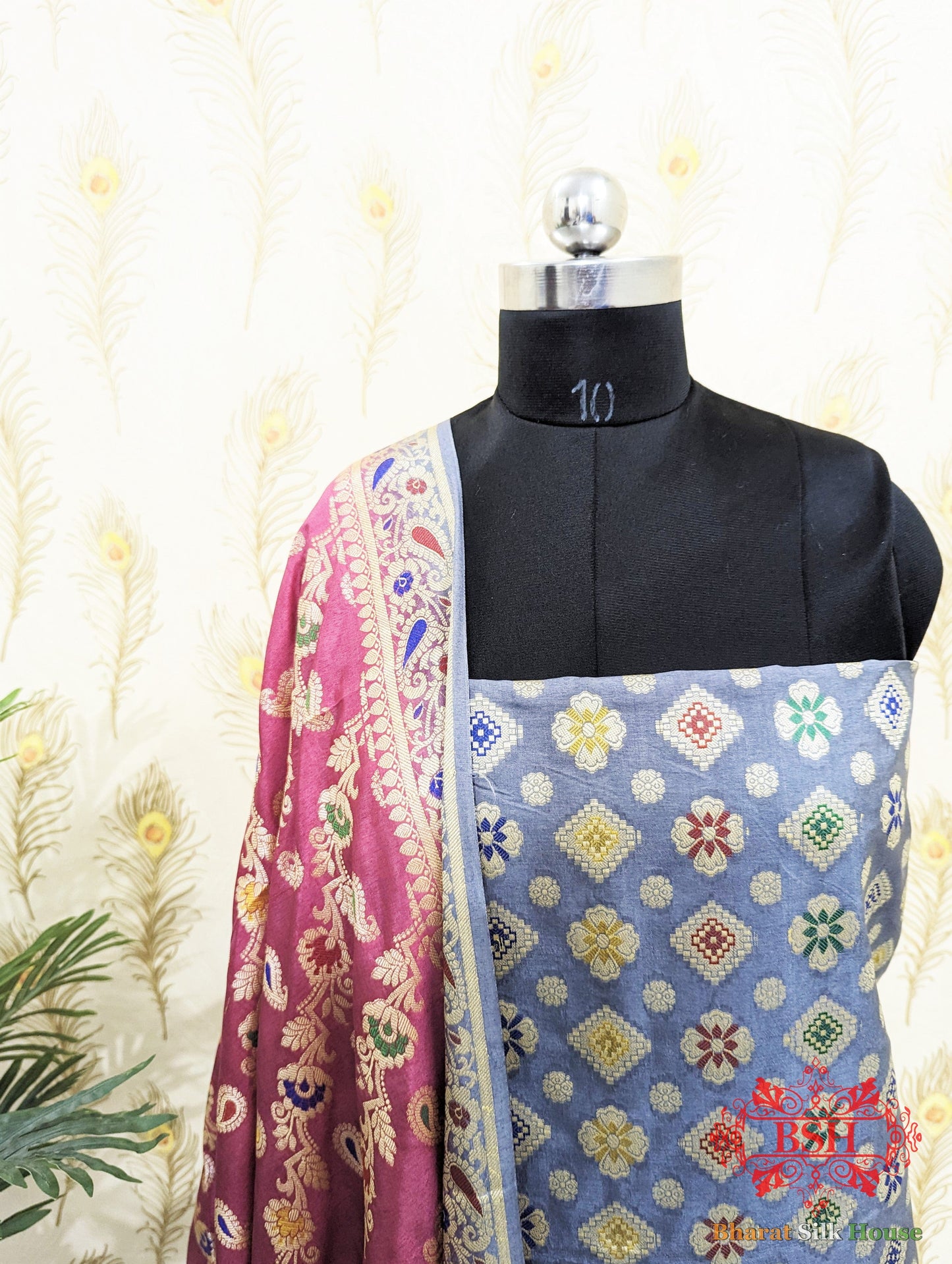 Light Slate Banarasi Silk Unstitched Suit Set - Bharat Silk House