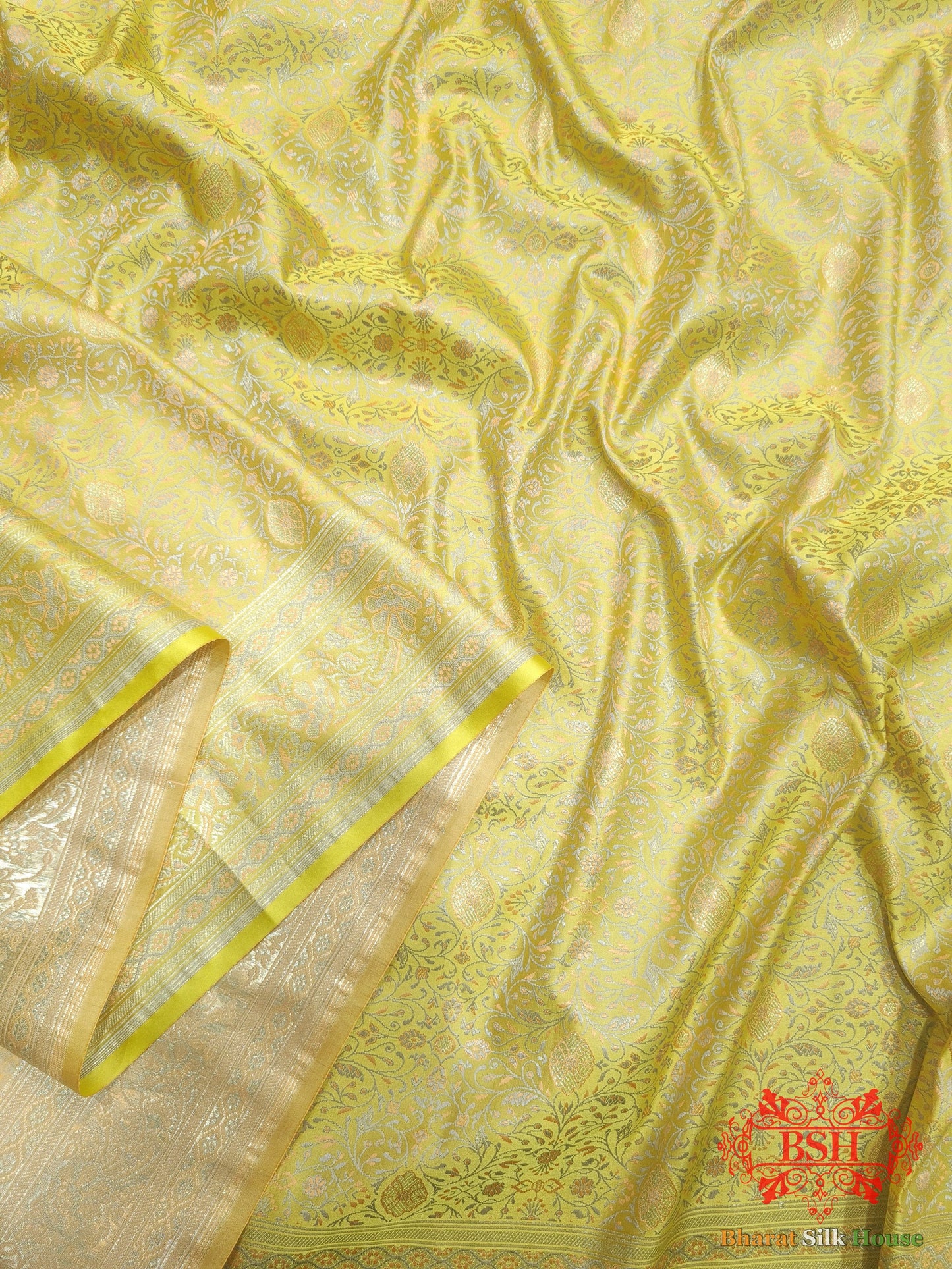 Light Yellow Dohri Resham Zari Booti Tanchoi Silk Saree - Bharat Silk House