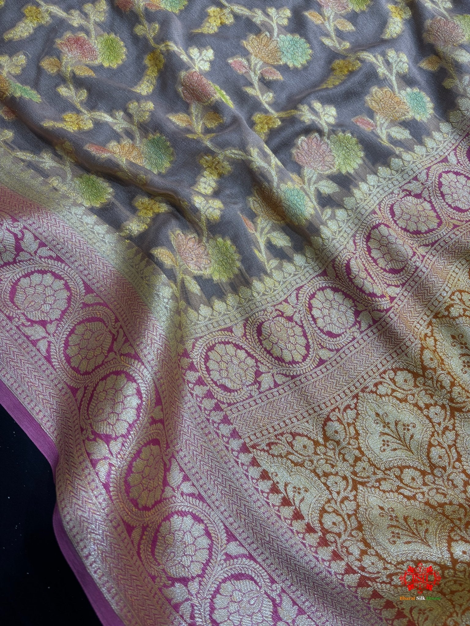 Multi Colour Handbrush Dyed Pure Chiffon All Over Flower Jaal Silk Saree - Bharat Silk House Chiffon Sarees