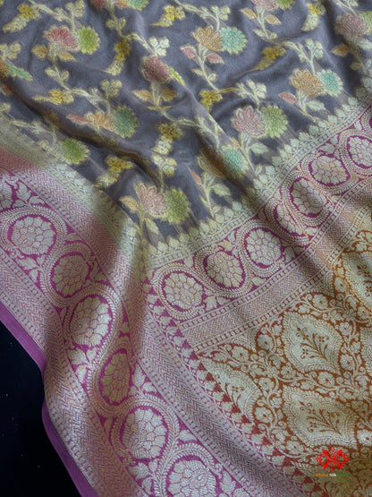 Multi Colour Handbrush Dyed Pure Chiffon All Over Flower Jaal Silk Saree - Bharat Silk House Chiffon Sarees