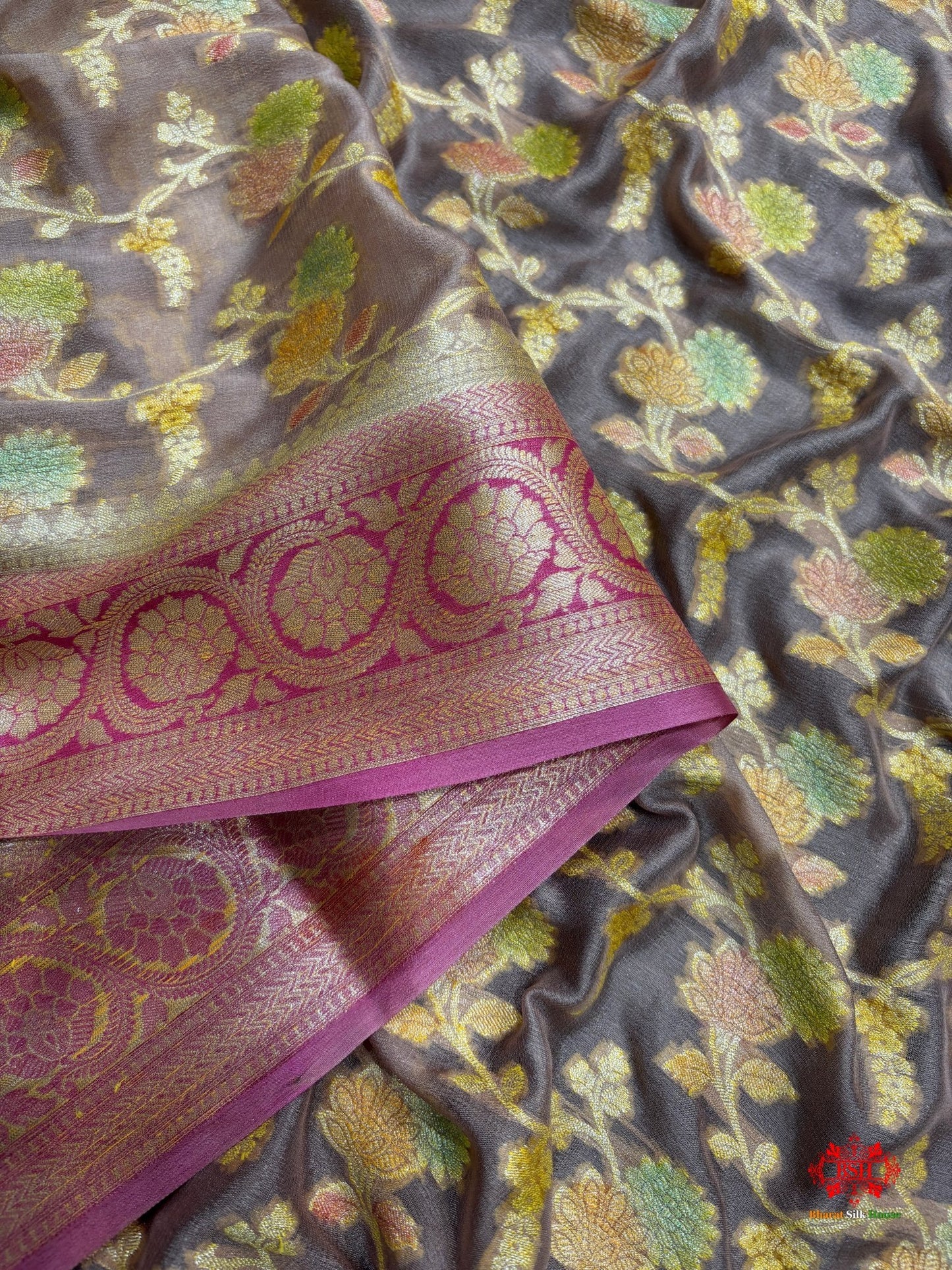 Multi Colour Handbrush Dyed Pure Chiffon All Over Flower Jaal Silk Saree - Bharat Silk House Chiffon Sarees