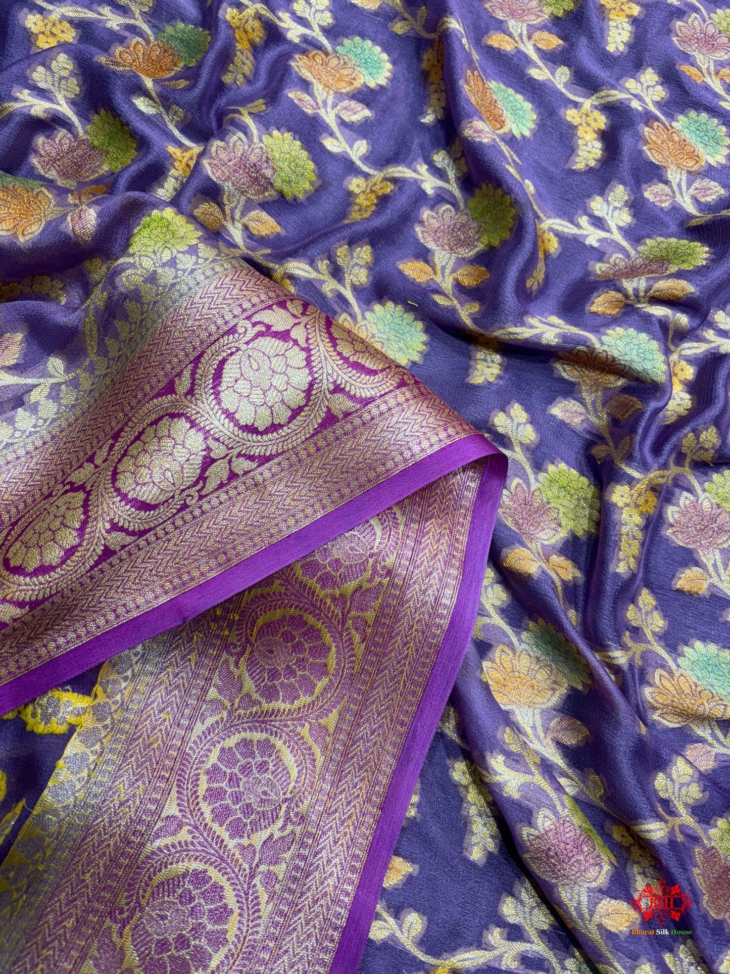 Multi Colour Handbrush Dyed Pure Chiffon All Over Flower Jaal Silk Saree - Bharat Silk House Chiffon Sarees