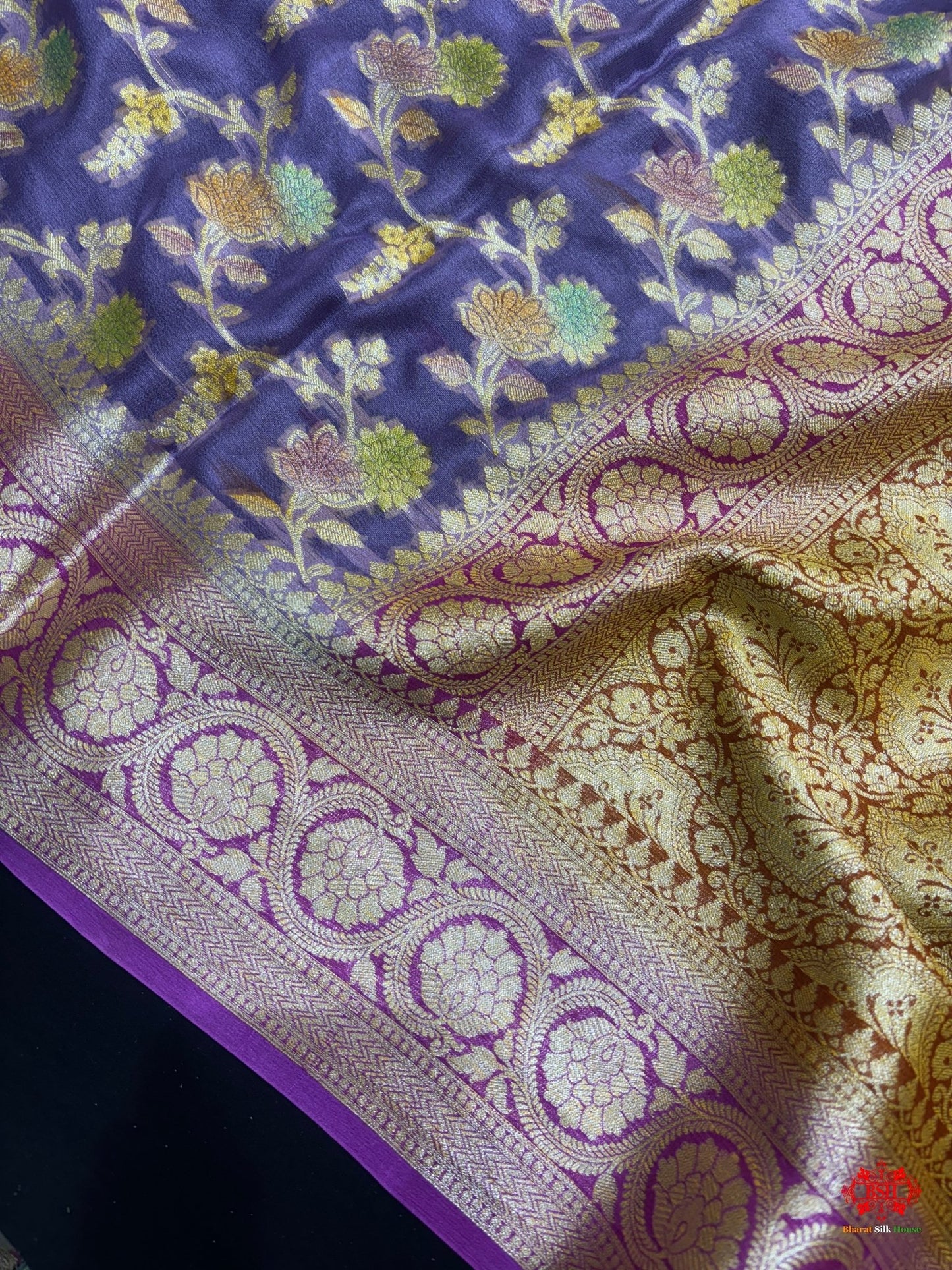 Multi Colour Handbrush Dyed Pure Chiffon All Over Flower Jaal Silk Saree - Bharat Silk House Chiffon Sarees