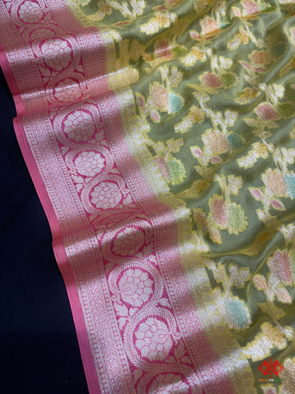 Multi Colour Handbrush Dyed Pure Chiffon All Over Flower Jaal Silk Saree - Bharat Silk House Chiffon Sarees