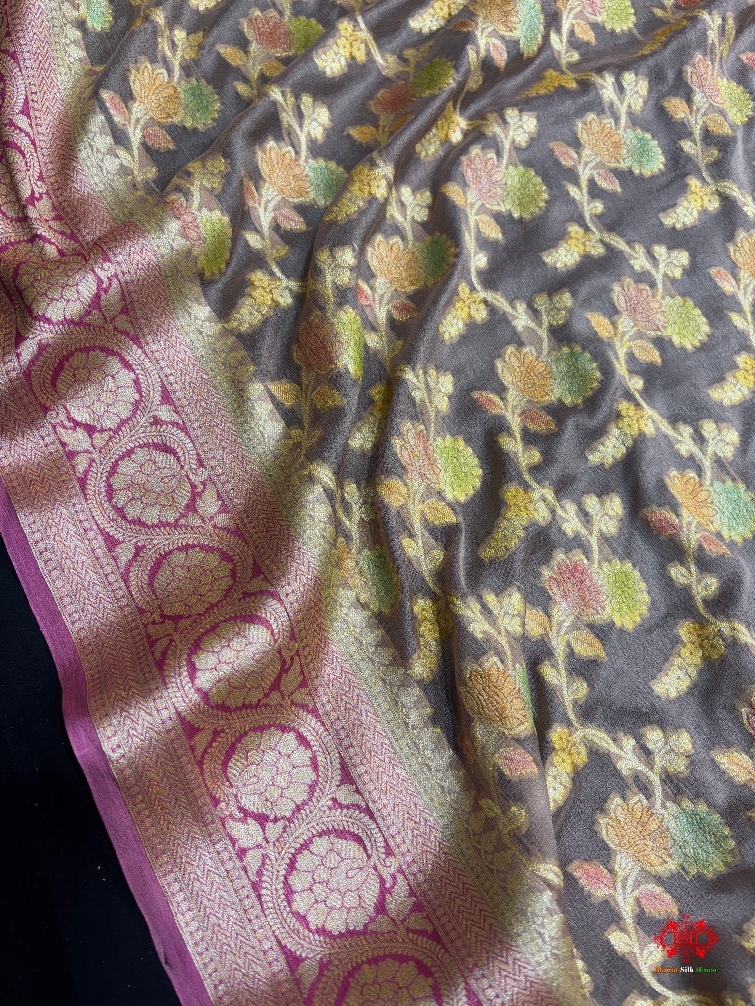 Multi Colour Handbrush Dyed Pure Chiffon All Over Flower Jaal Silk Saree - Bharat Silk House Chiffon Sarees