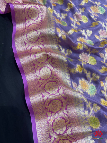 Multi Colour Handbrush Dyed Pure Chiffon All Over Flower Jaal Silk Saree - Bharat Silk House Chiffon Sarees