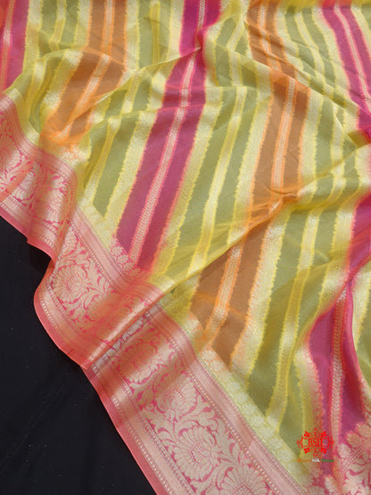 Multi Colour Pure Chiffon Handbrush Dyed Reshmi Zari Silk Saree - Bharat Silk House