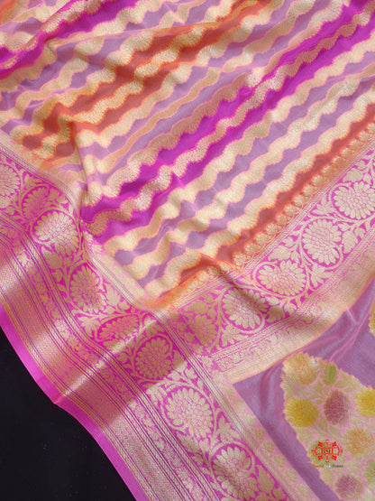 Multi Colour Pure Chiffon Handbrush Dyed Reshmi Zari Silk Saree - Bharat Silk House