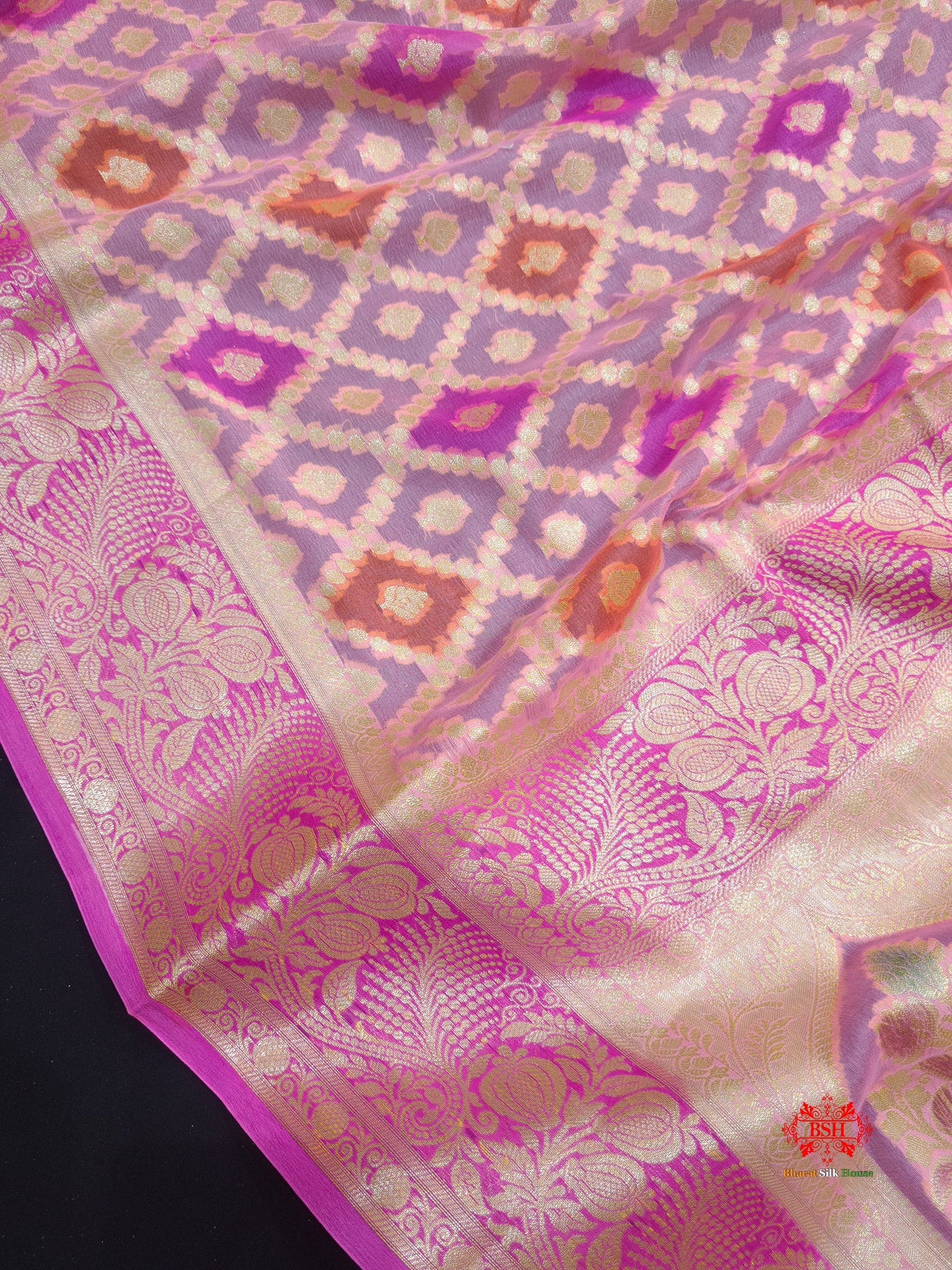 Multi Colour Pure Chiffon Handbrush Dyed Reshmi Zari Silk Saree - Bharat Silk House