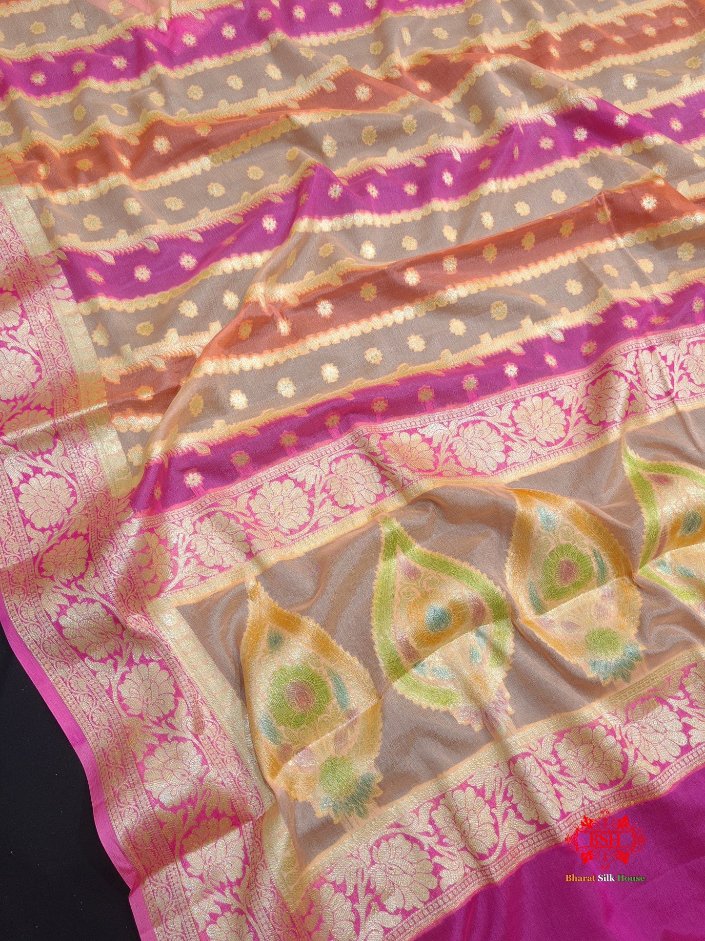 Multi Colour Pure Chiffon Handbrush Dyed Reshmi Zari Silk Saree - Bharat Silk House