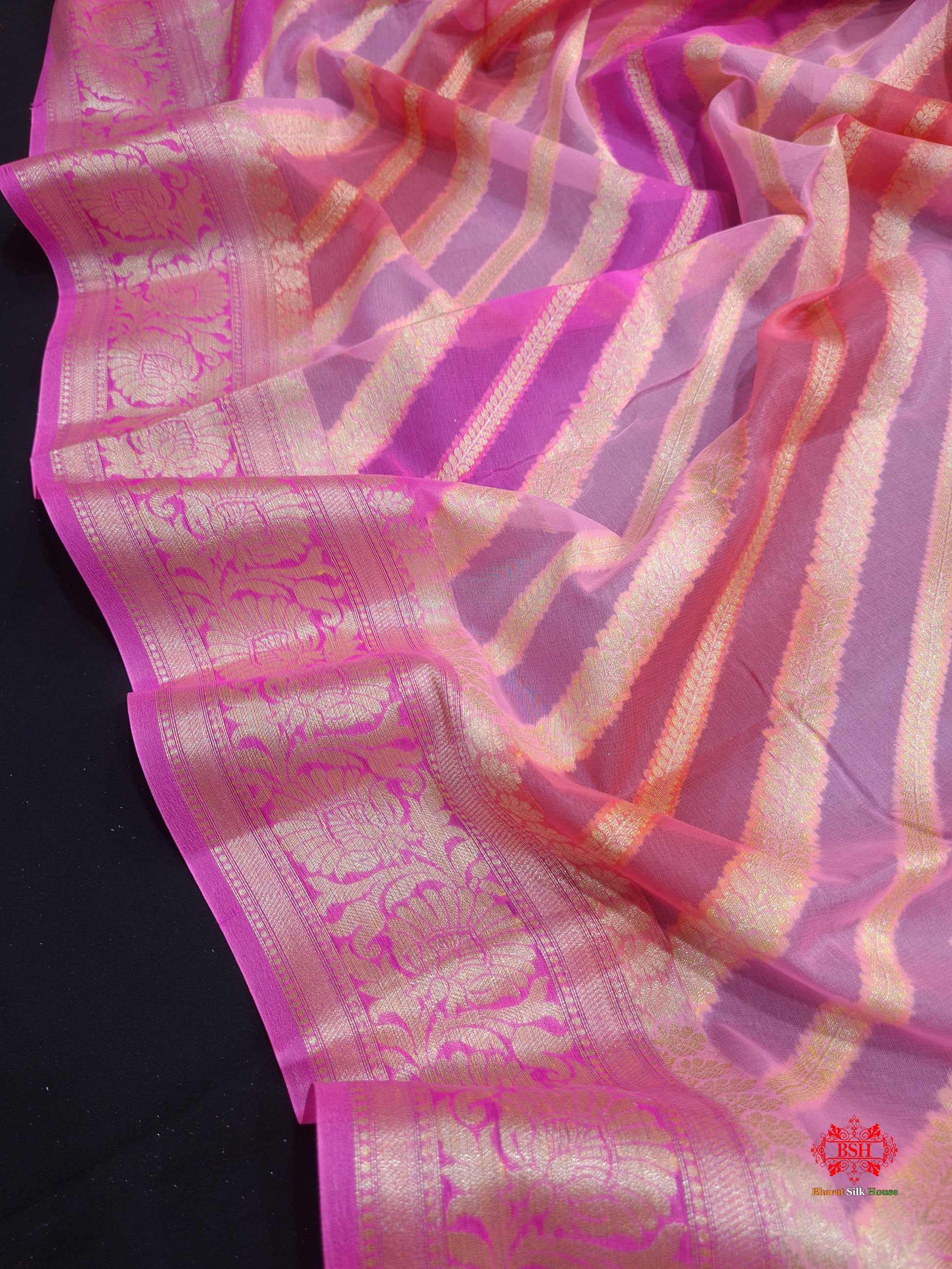 Multi Colour Pure Chiffon Handbrush Dyed Reshmi Zari Silk Saree - Bharat Silk House