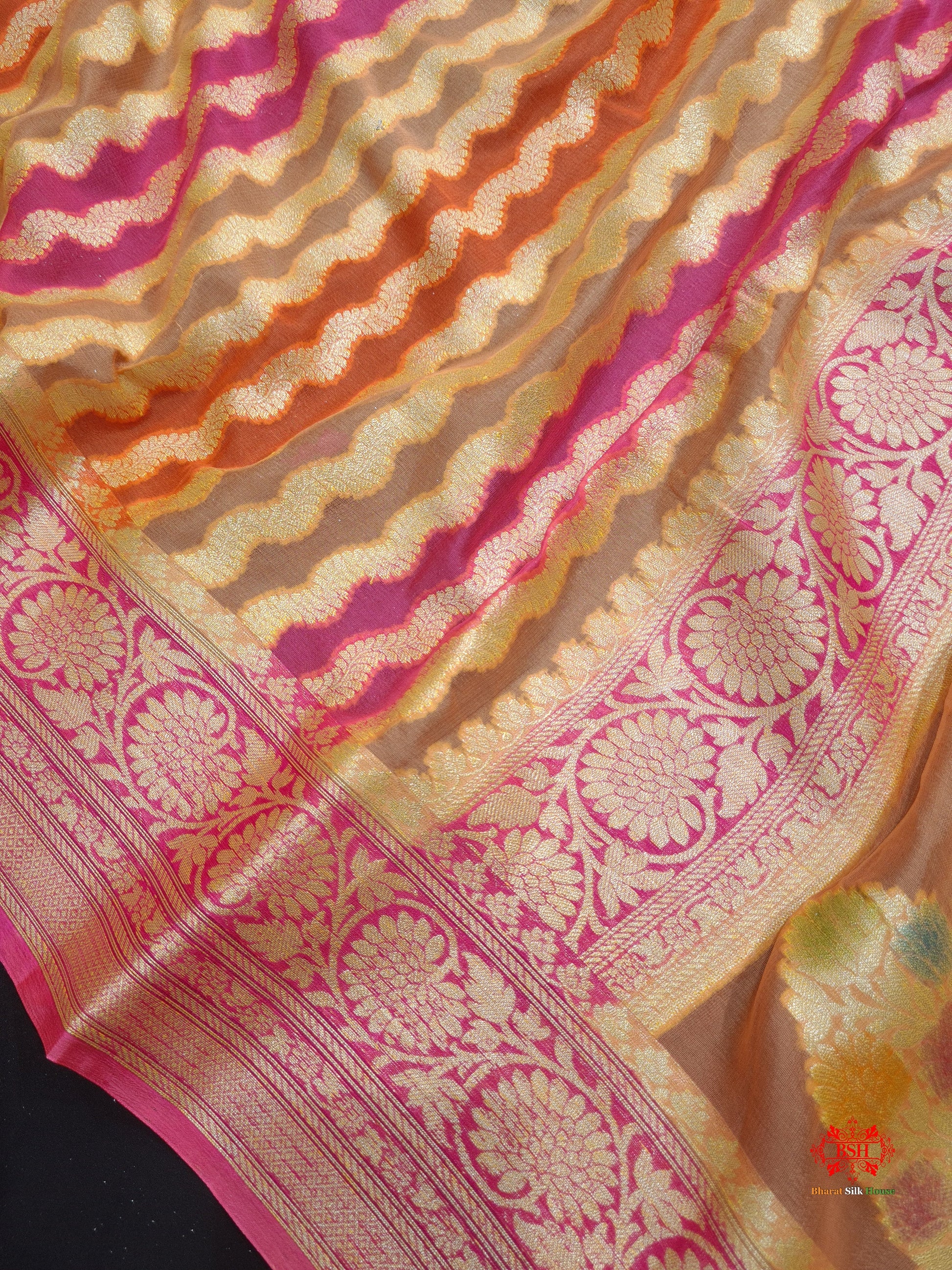 Multi Colour Pure Chiffon Handbrush Dyed Reshmi Zari Silk Saree - Bharat Silk House