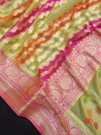 Multi Colour Pure Chiffon Handbrush Dyed Reshmi Zari Silk Saree - Bharat Silk House