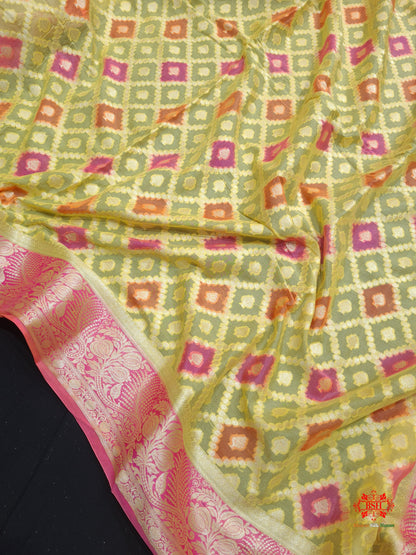 Multi Colour Pure Chiffon Handbrush Dyed Reshmi Zari Silk Saree - Bharat Silk House