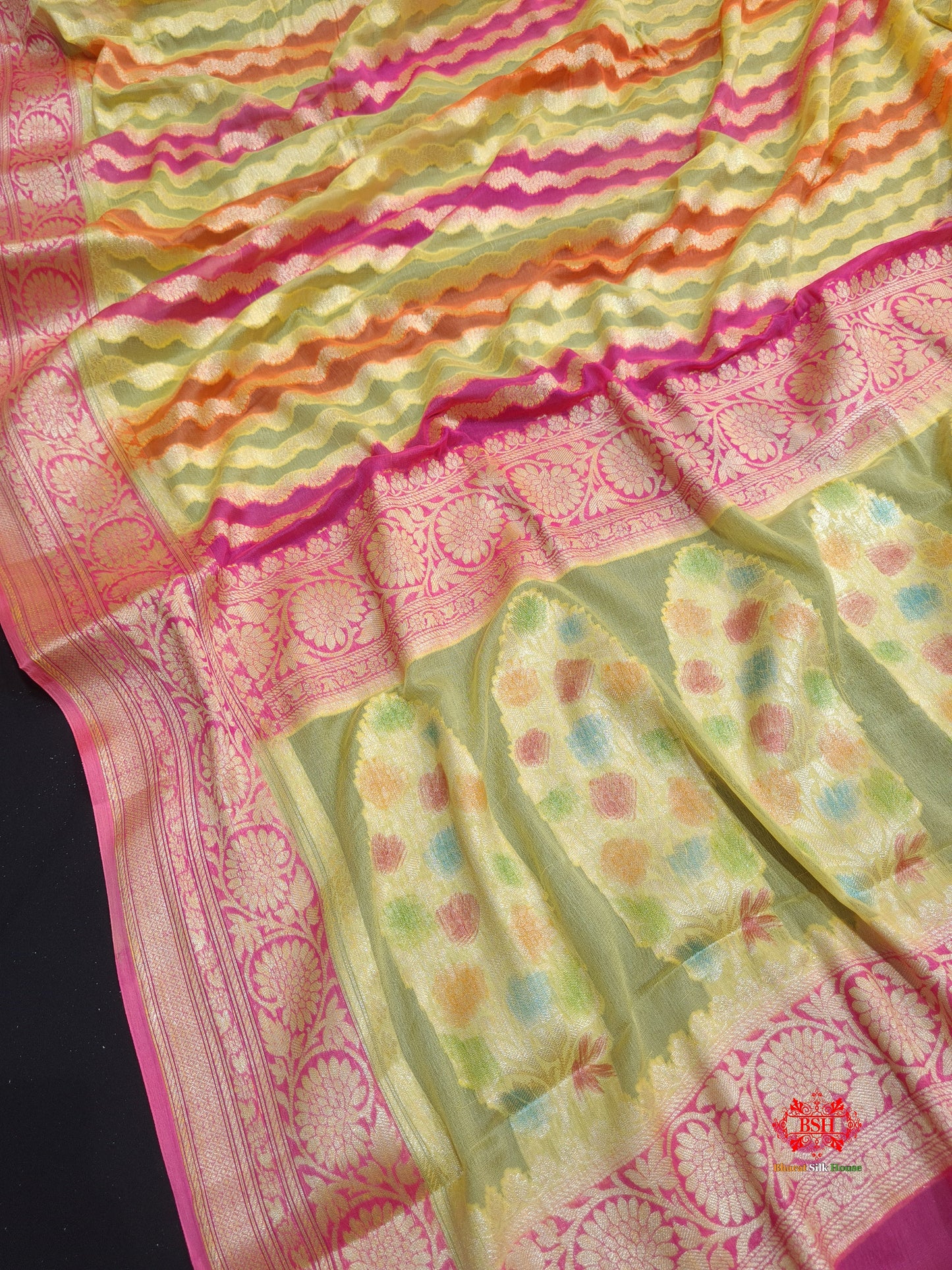 Multi Colour Pure Chiffon Handbrush Dyed Reshmi Zari Silk Saree - Bharat Silk House