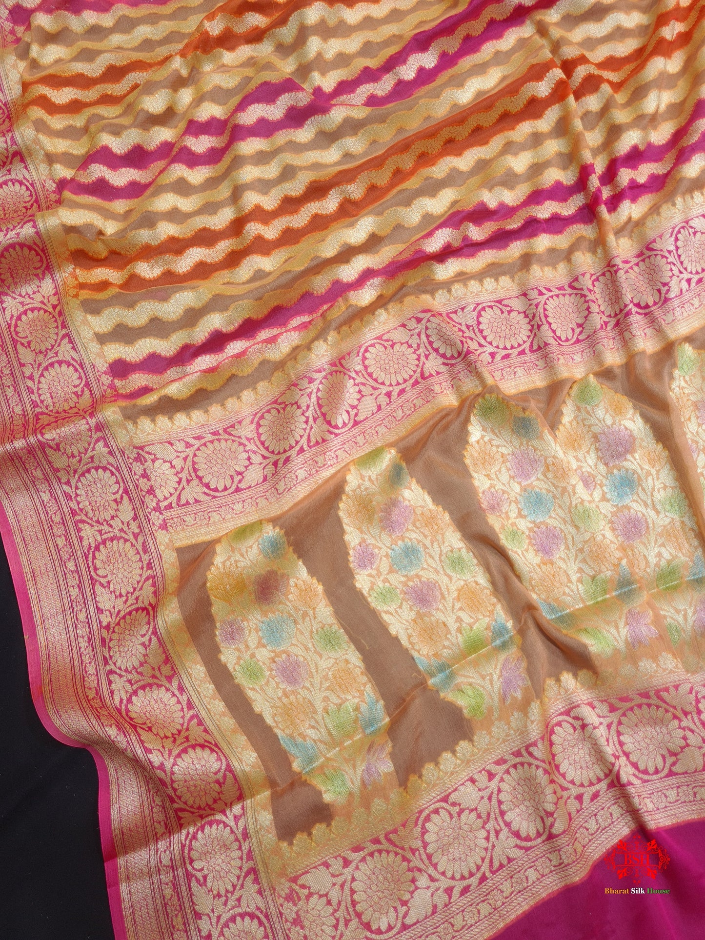 Multi Colour Pure Chiffon Handbrush Dyed Reshmi Zari Silk Saree - Bharat Silk House