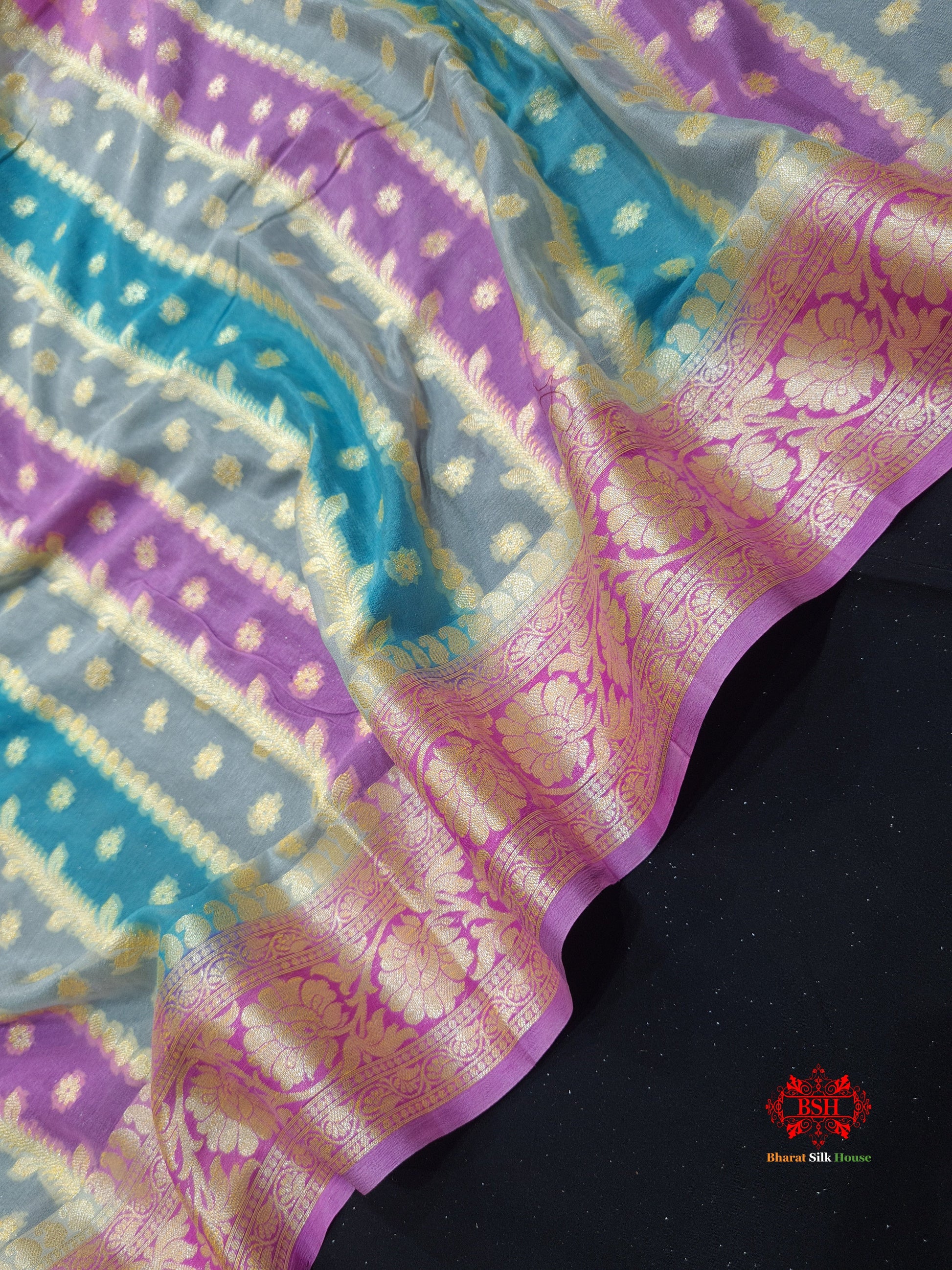 Multi Colour Pure Chiffon Handbrush Dyed Reshmi Zari Silk Saree - Bharat Silk House