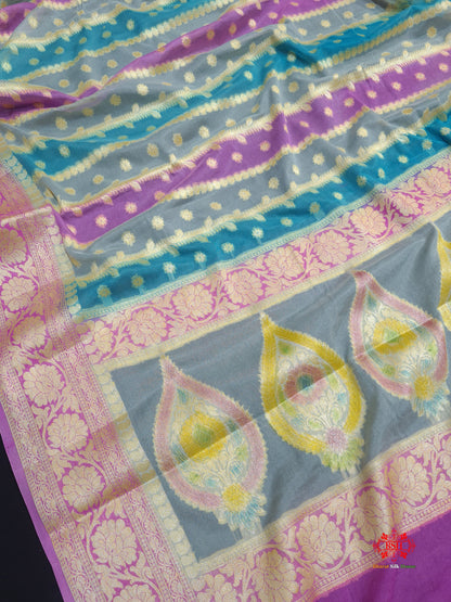 Multi Colour Pure Chiffon Handbrush Dyed Reshmi Zari Silk Saree - Bharat Silk House