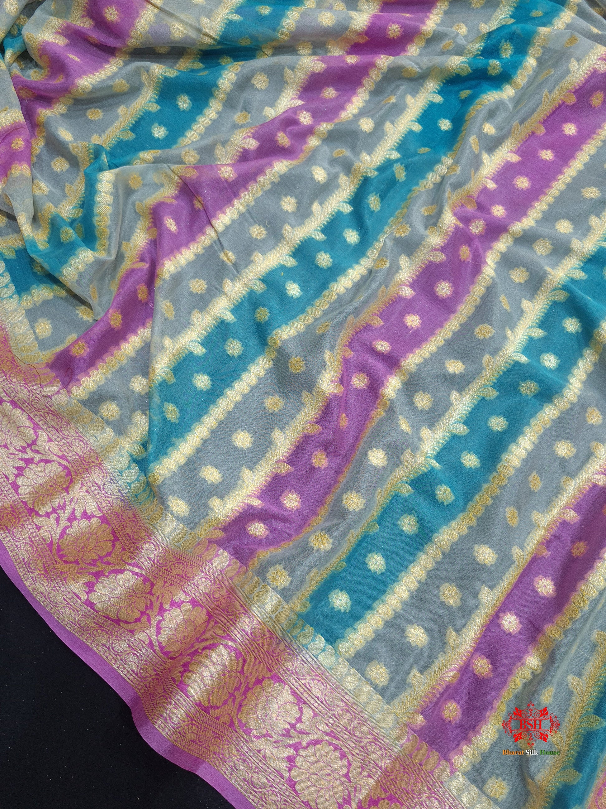 Multi Colour Pure Chiffon Handbrush Dyed Reshmi Zari Silk Saree - Bharat Silk House