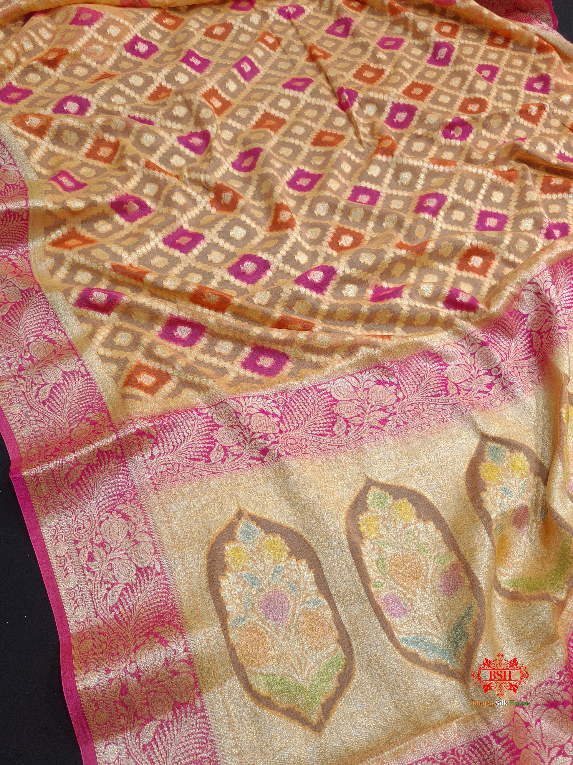 Multi Colour Pure Chiffon Handbrush Dyed Reshmi Zari Silk Saree - Bharat Silk House