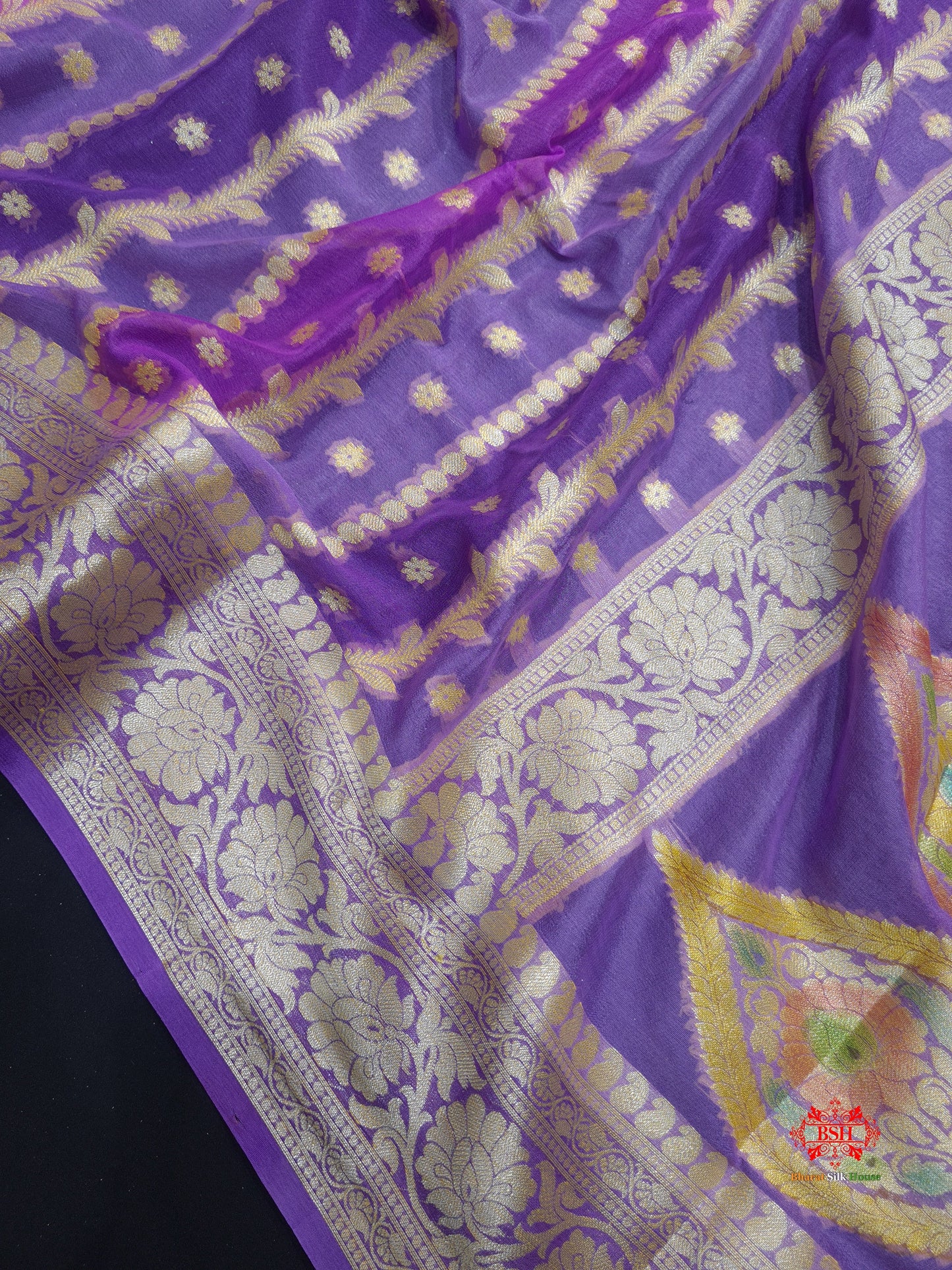 Multi Colour Pure Chiffon Handbrush Dyed Reshmi Zari Silk Saree - Bharat Silk House