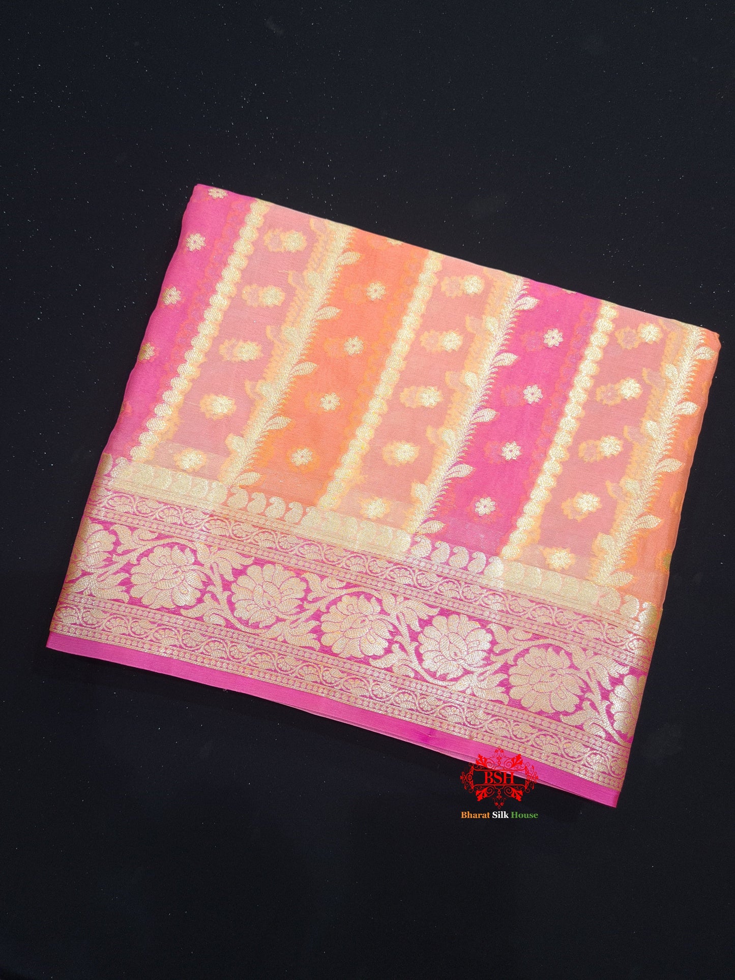 Multi Colour Pure Chiffon Handbrush Dyed Reshmi Zari Silk Saree - Bharat Silk House