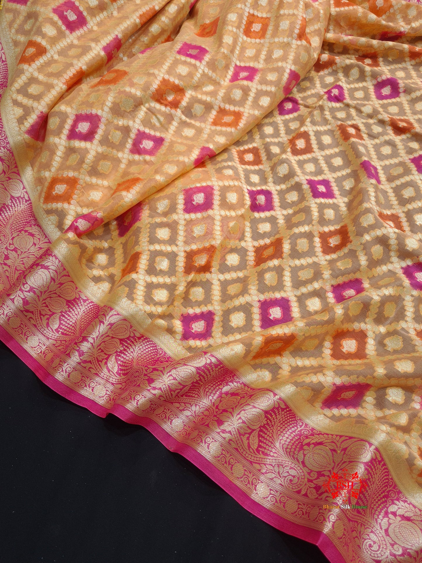 Multi Colour Pure Chiffon Handbrush Dyed Reshmi Zari Silk Saree - Bharat Silk House