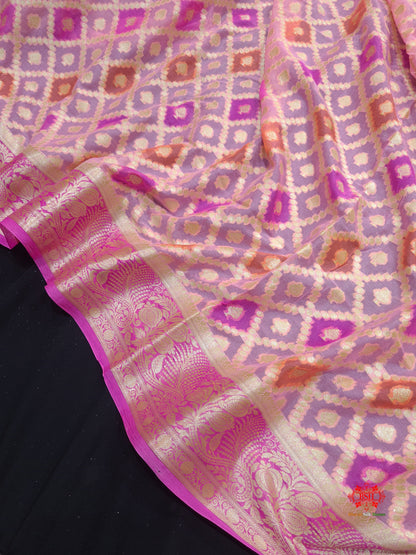 Multi Colour Pure Chiffon Handbrush Dyed Reshmi Zari Silk Saree - Bharat Silk House