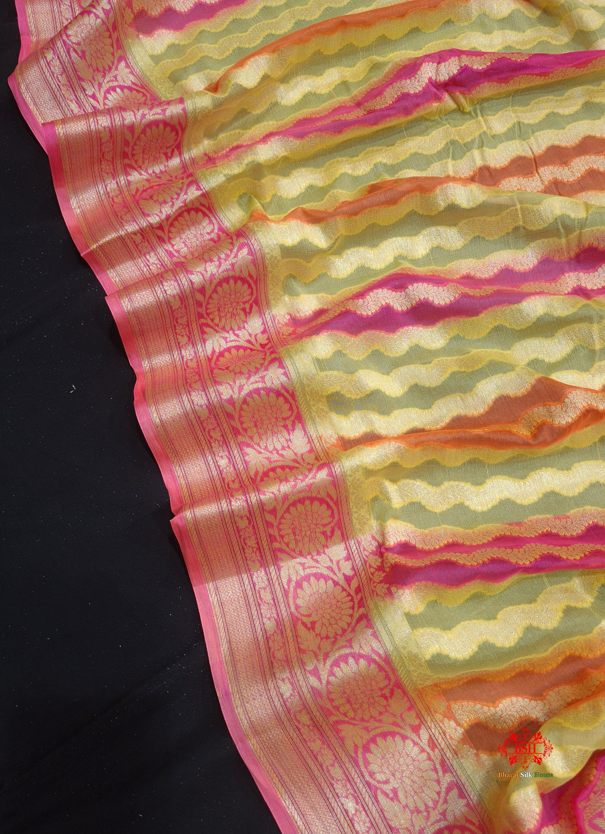 Multi Colour Pure Chiffon Handbrush Dyed Reshmi Zari Silk Saree - Bharat Silk House