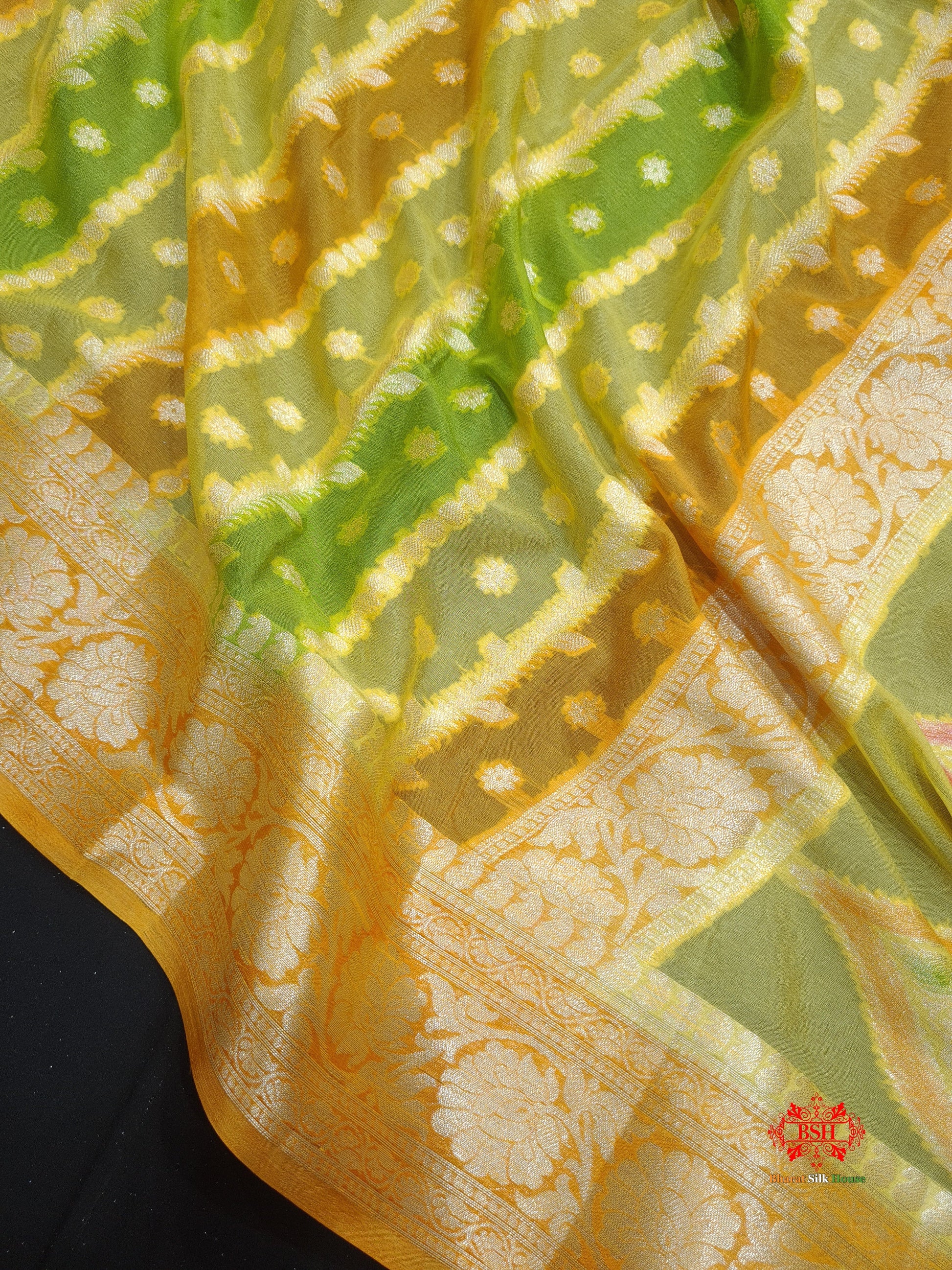 Multi Colour Pure Chiffon Handbrush Dyed Reshmi Zari Silk Saree - Bharat Silk House