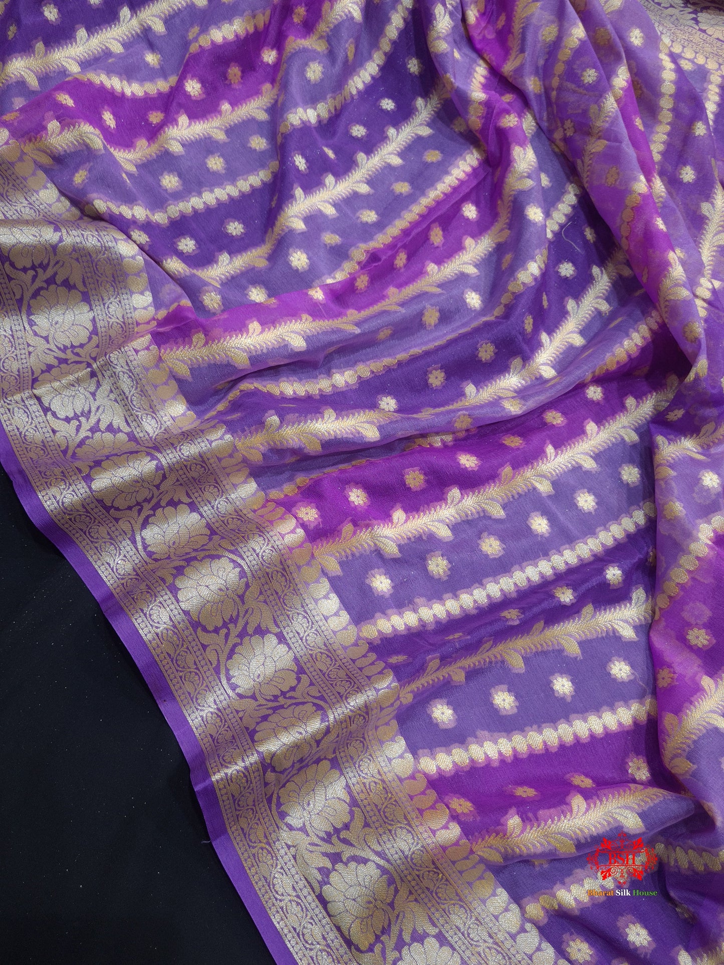 Multi Colour Pure Chiffon Handbrush Dyed Reshmi Zari Silk Saree - Bharat Silk House