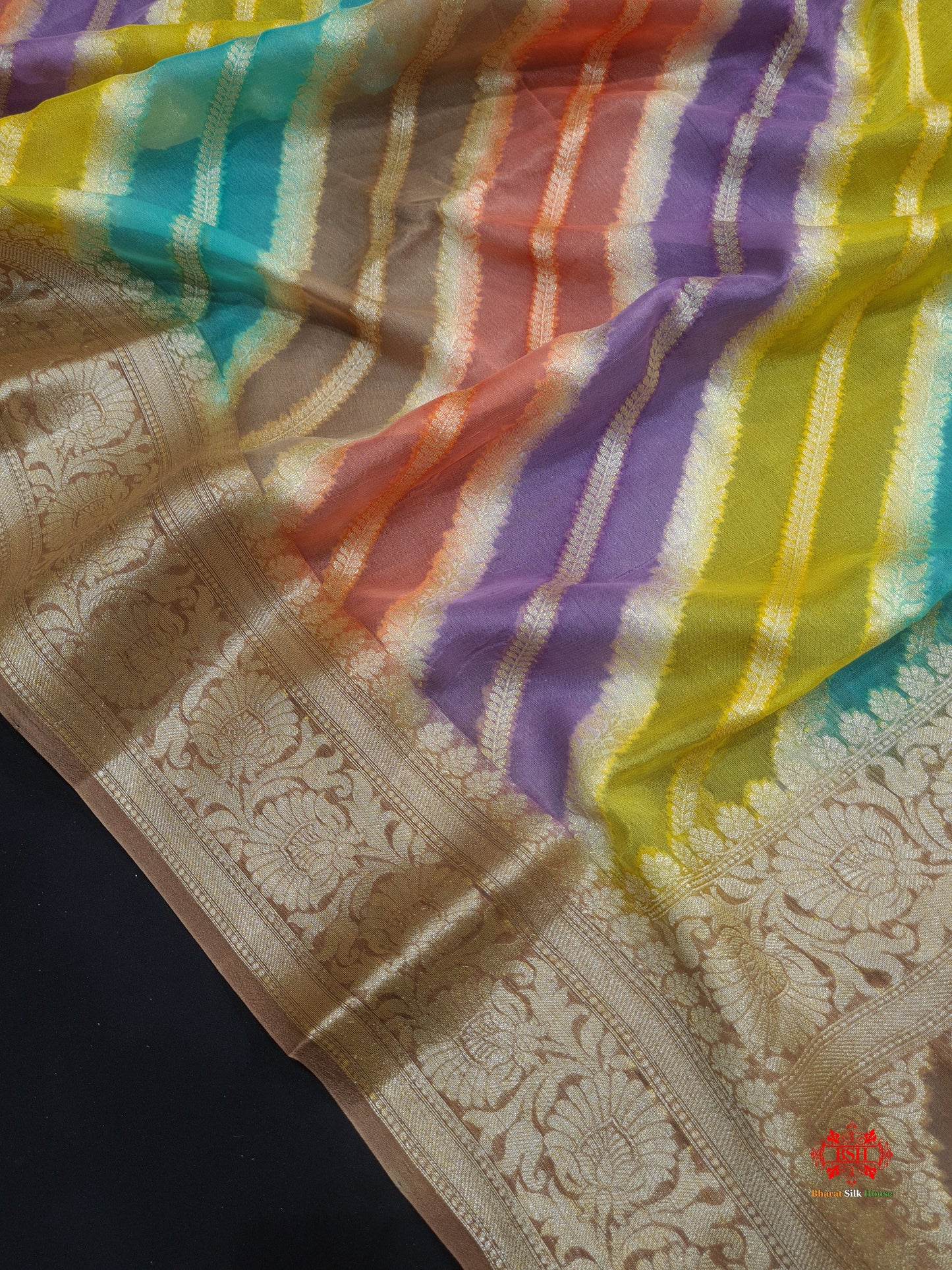 Multi Colour Pure Chiffon Handbrush Dyed Reshmi Zari Silk Saree - Bharat Silk House