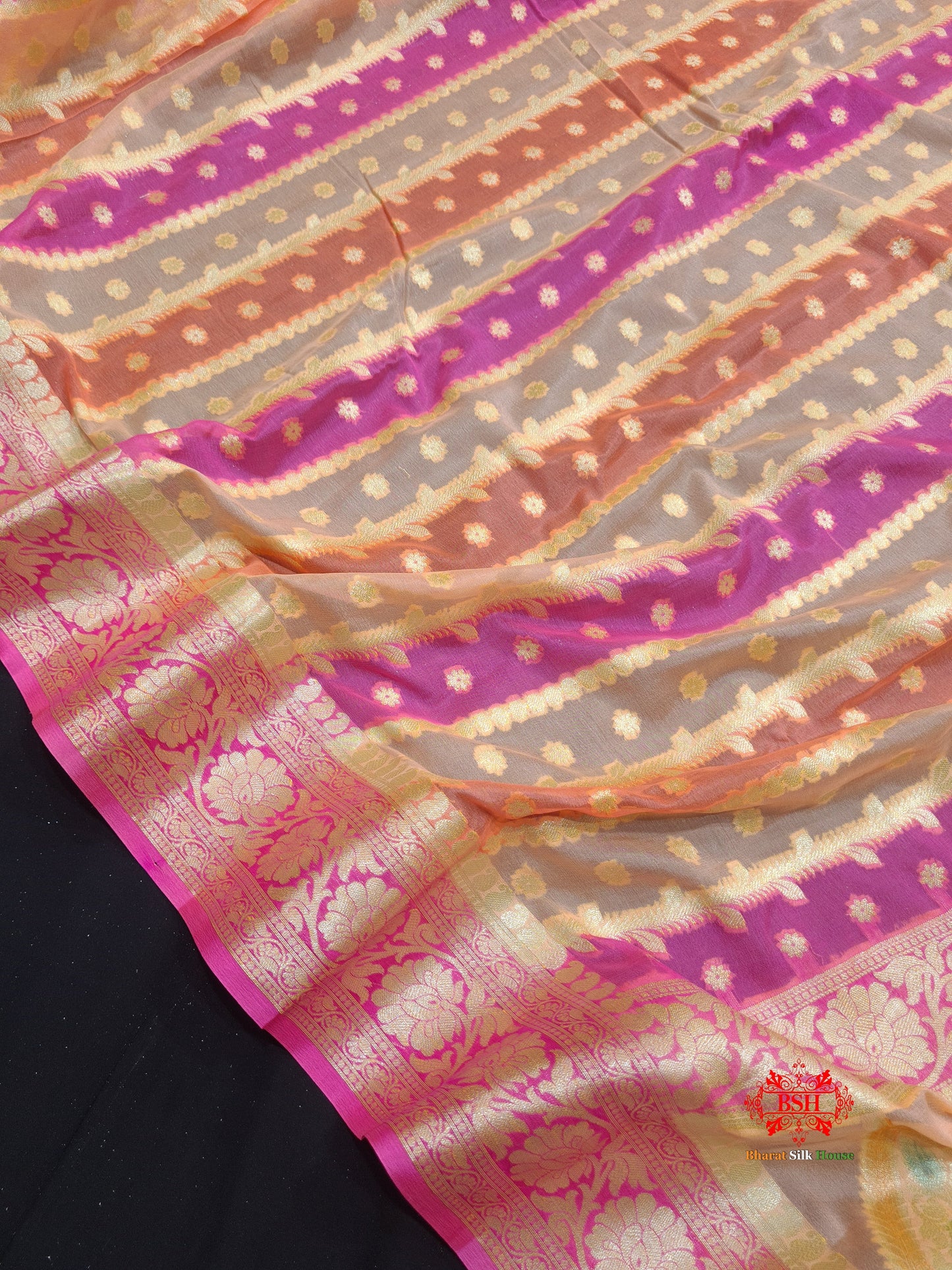 Multi Colour Pure Chiffon Handbrush Dyed Reshmi Zari Silk Saree - Bharat Silk House