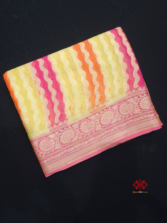 Multi Colour Pure Chiffon Handbrush Dyed Reshmi Zari Silk Saree - Bharat Silk House