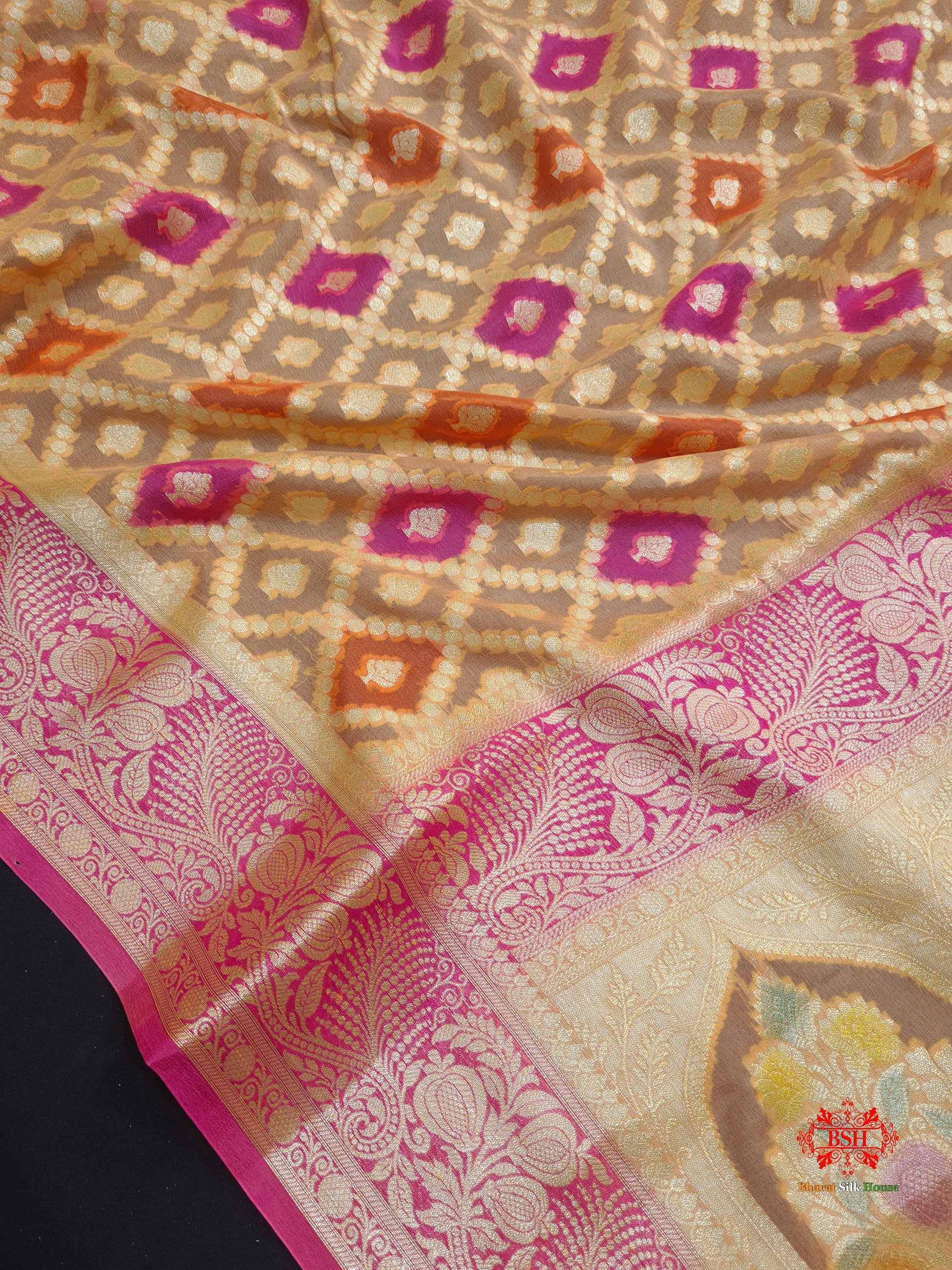 Multi Colour Pure Chiffon Handbrush Dyed Reshmi Zari Silk Saree - Bharat Silk House