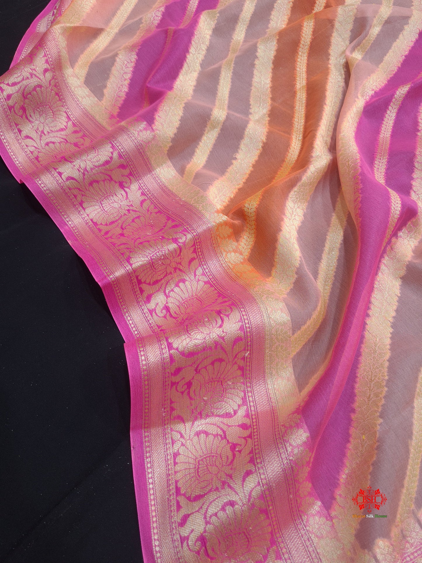 Multi Colour Pure Chiffon Handbrush Dyed Reshmi Zari Silk Saree - Bharat Silk House