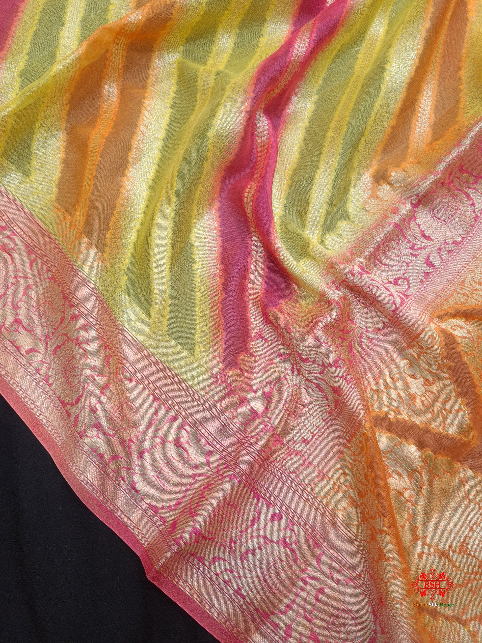 Multi Colour Pure Chiffon Handbrush Dyed Reshmi Zari Silk Saree - Bharat Silk House