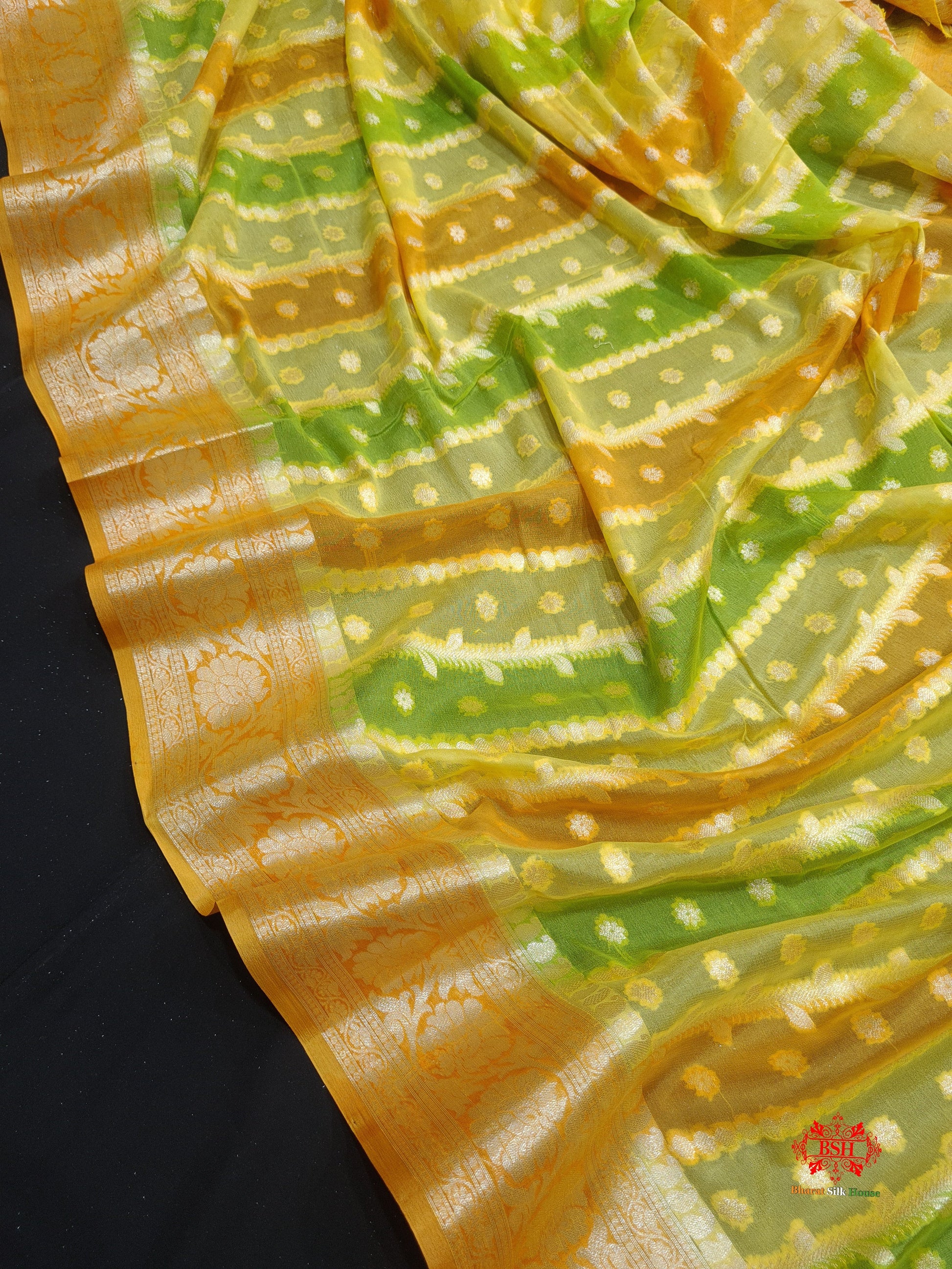 Multi Colour Pure Chiffon Handbrush Dyed Reshmi Zari Silk Saree - Bharat Silk House