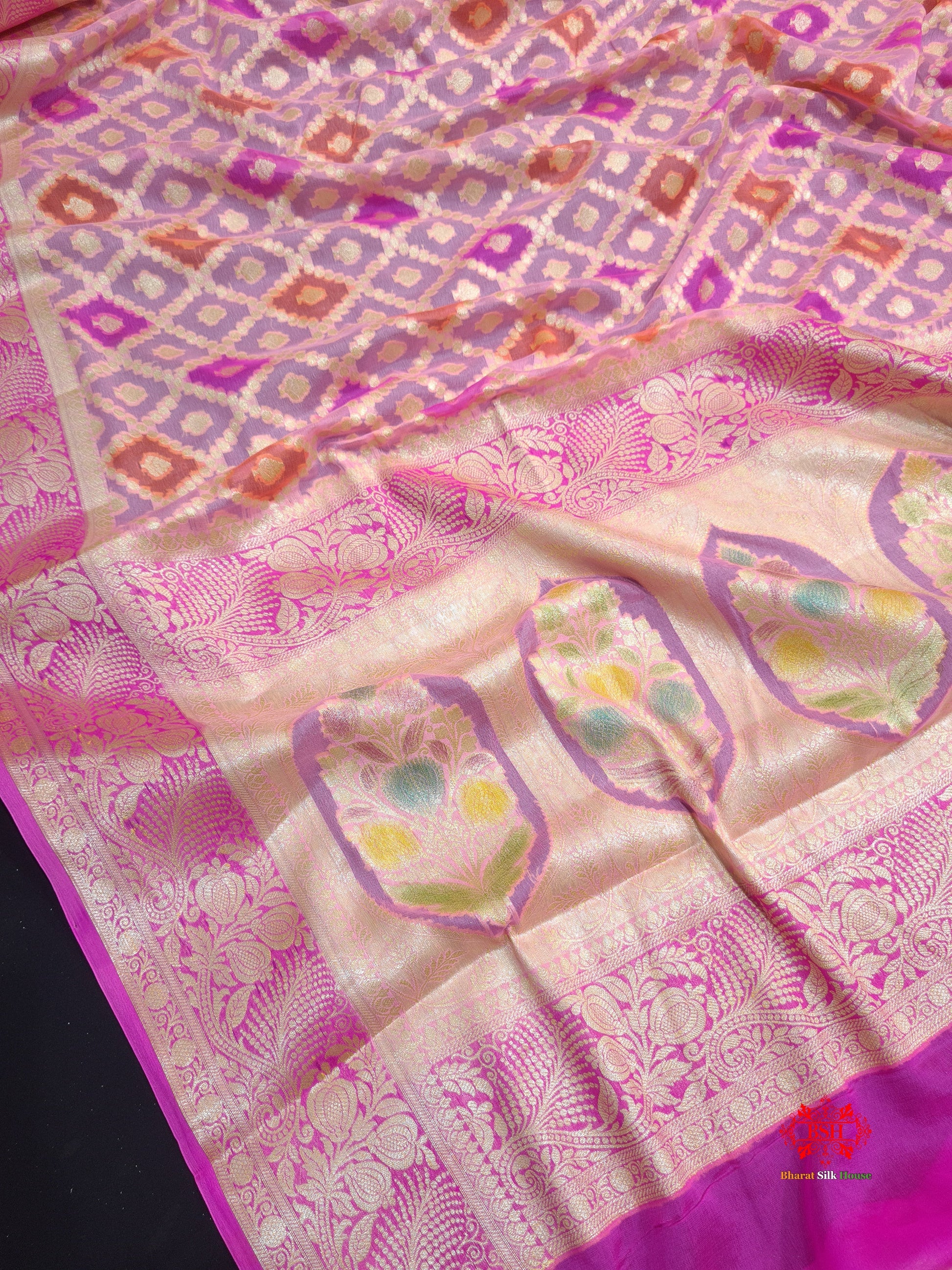 Multi Colour Pure Chiffon Handbrush Dyed Reshmi Zari Silk Saree - Bharat Silk House