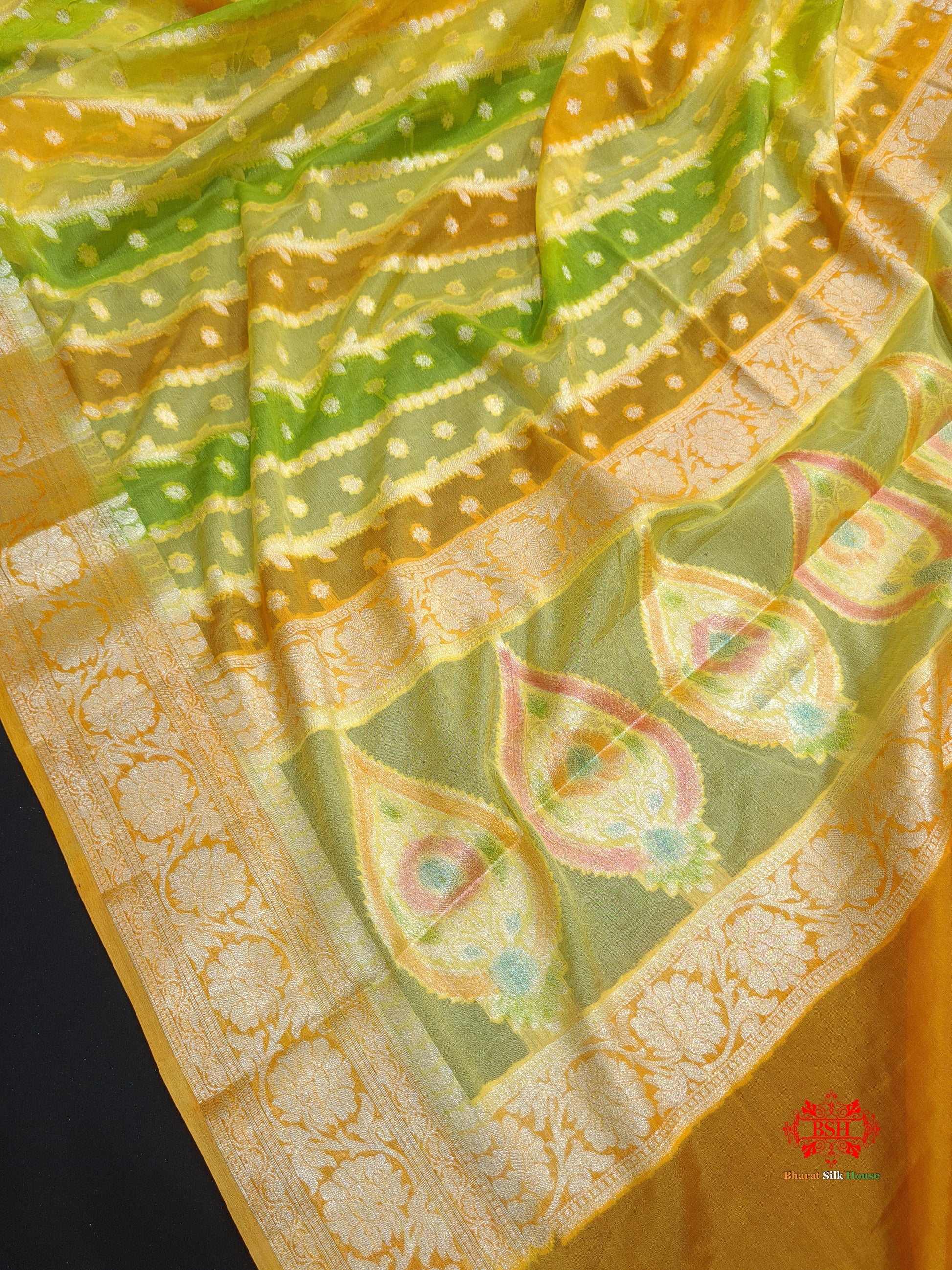 Multi Colour Pure Chiffon Handbrush Dyed Reshmi Zari Silk Saree - Bharat Silk House