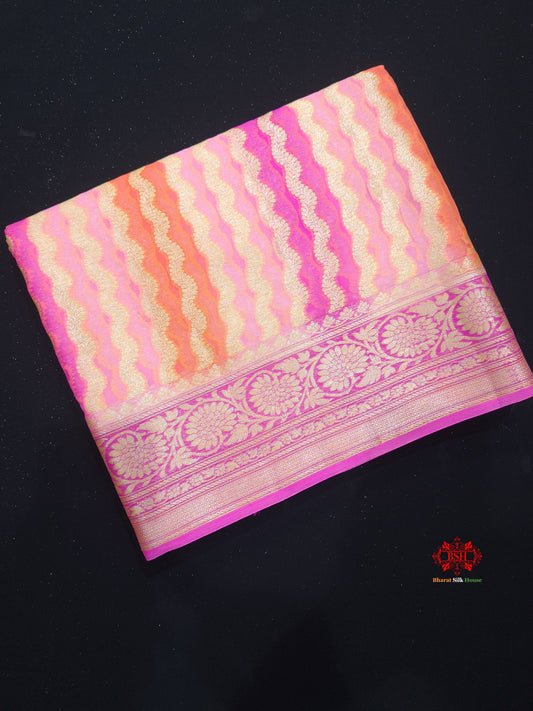 Multi Colour Pure Chiffon Handbrush Dyed Reshmi Zari Silk Saree - Bharat Silk House