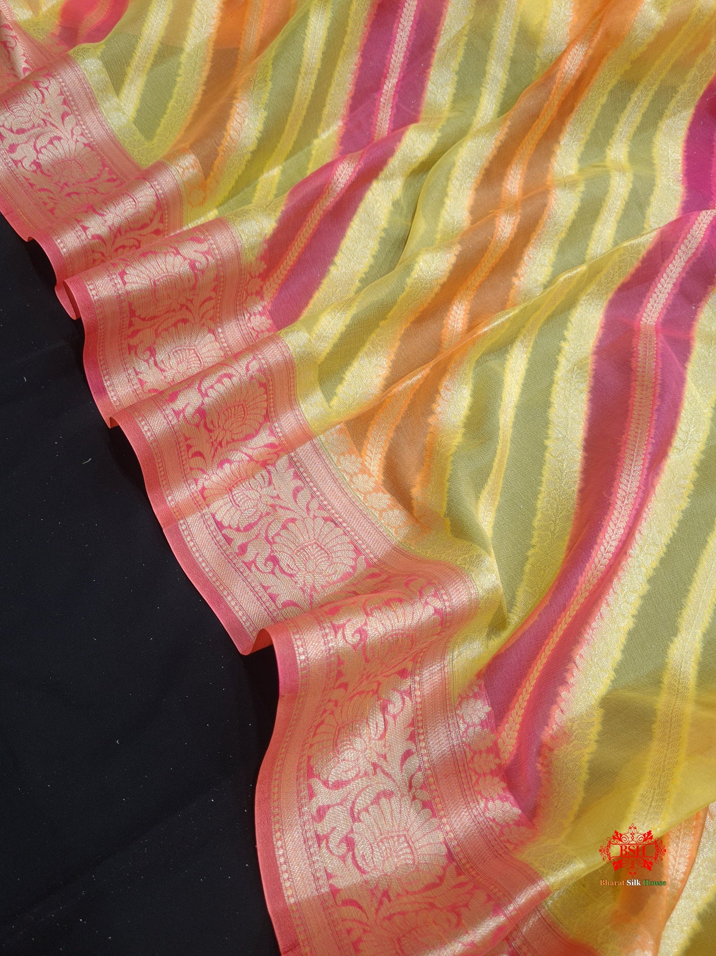 Multi Colour Pure Chiffon Handbrush Dyed Reshmi Zari Silk Saree - Bharat Silk House