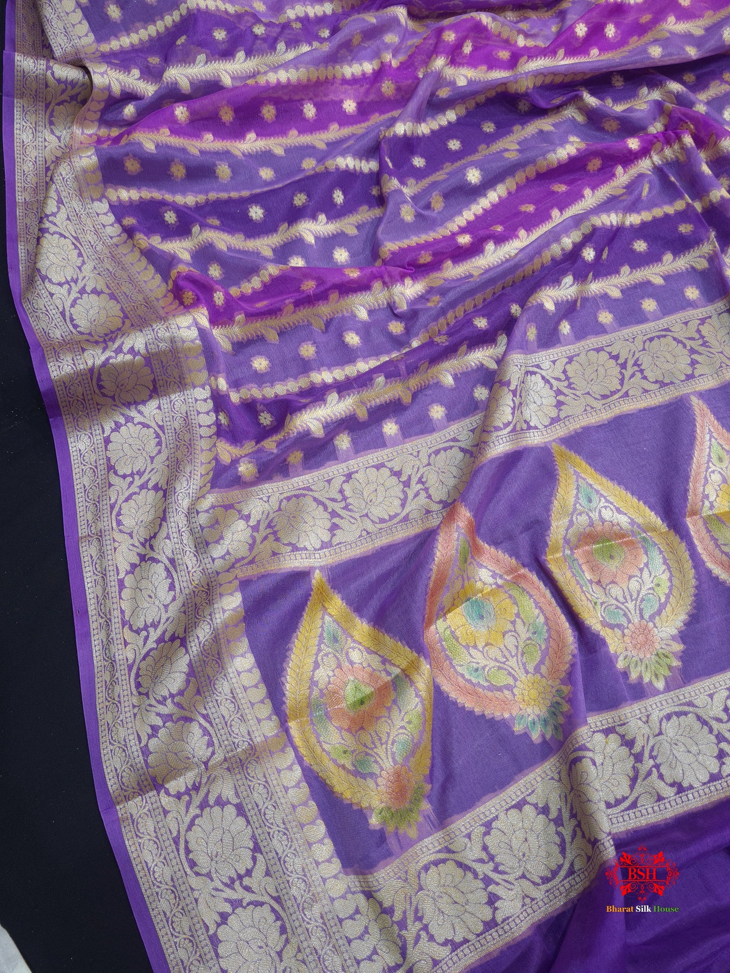 Multi Colour Pure Chiffon Handbrush Dyed Reshmi Zari Silk Saree - Bharat Silk House