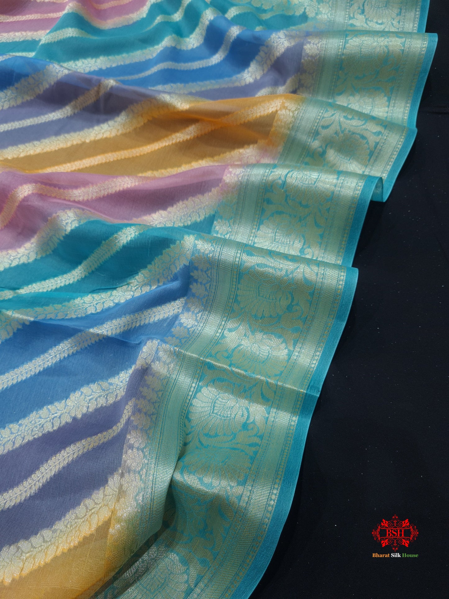 Multi Colour Pure Chiffon Handbrush Dyed Reshmi Zari Silk Saree - Bharat Silk House