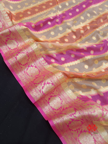 Multi Colour Pure Chiffon Handbrush Dyed Reshmi Zari Silk Saree - Bharat Silk House