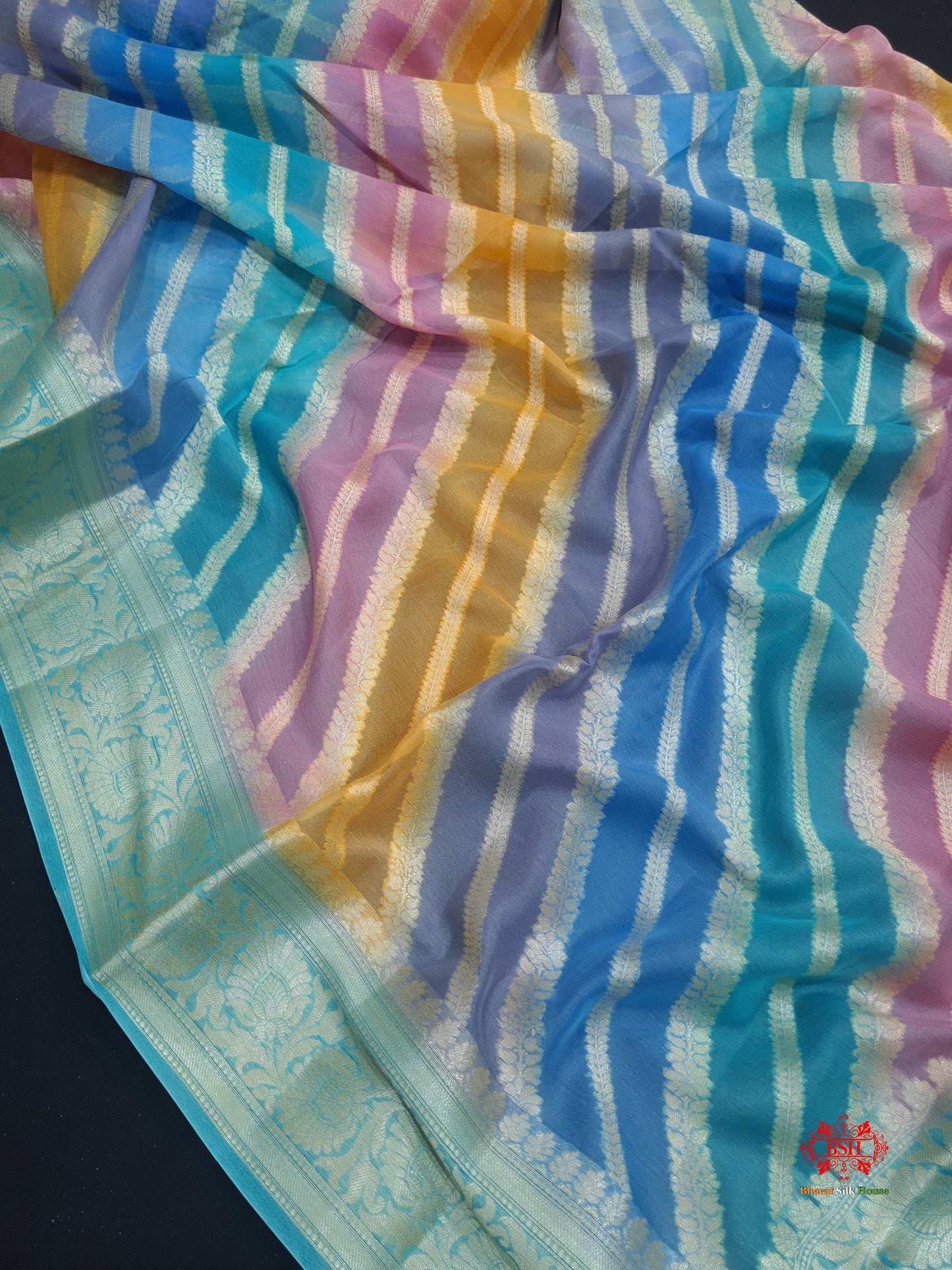 Multi Colour Pure Chiffon Handbrush Dyed Reshmi Zari Silk Saree - Bharat Silk House