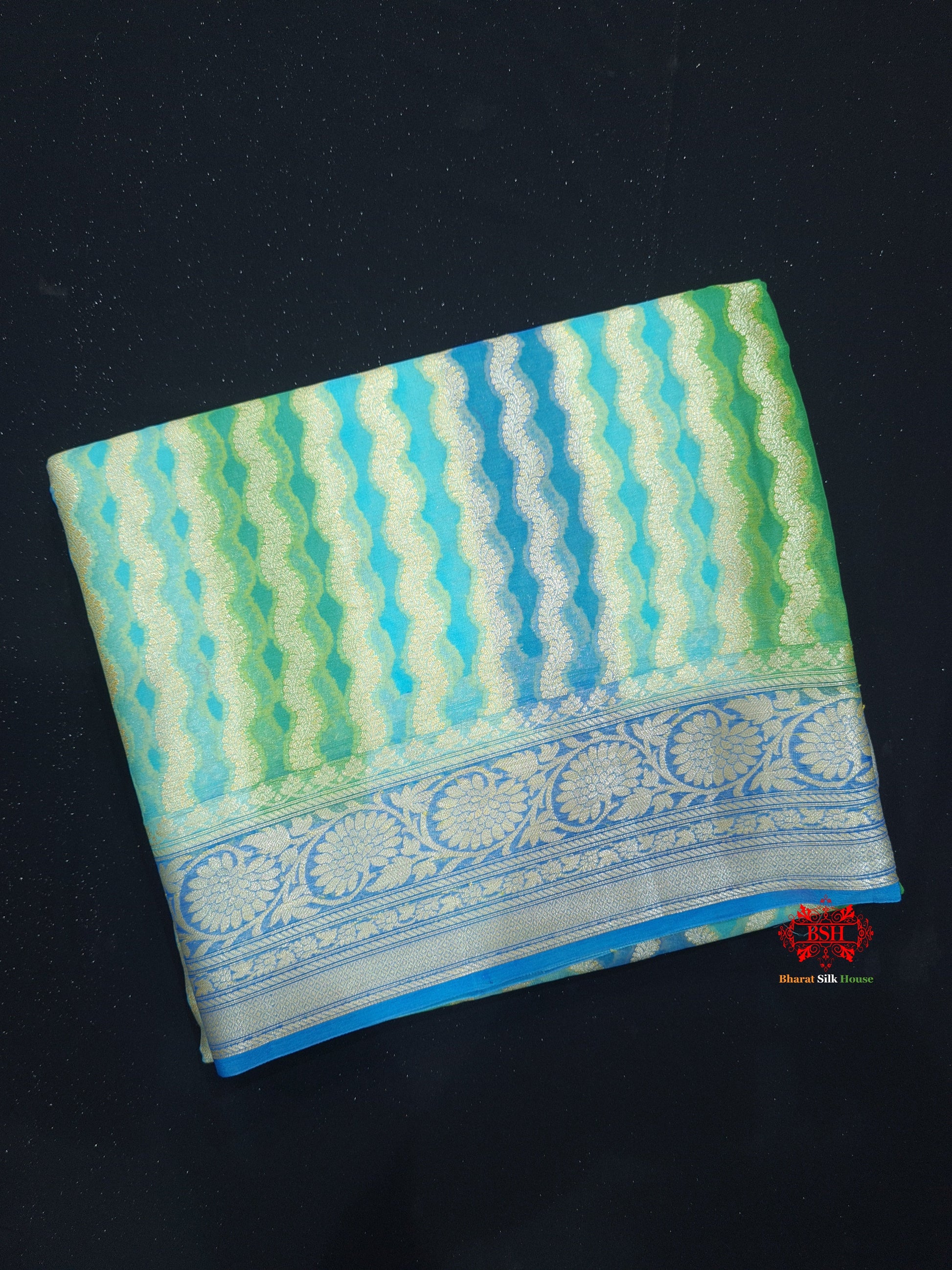 Multi Colour Pure Chiffon Handbrush Dyed Reshmi Zari Silk Saree - Bharat Silk House