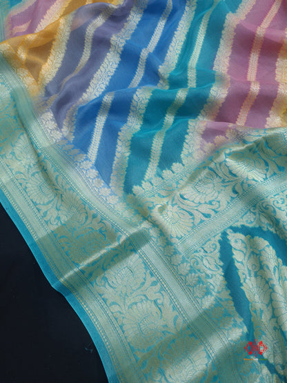 Multi Colour Pure Chiffon Handbrush Dyed Reshmi Zari Silk Saree - Bharat Silk House